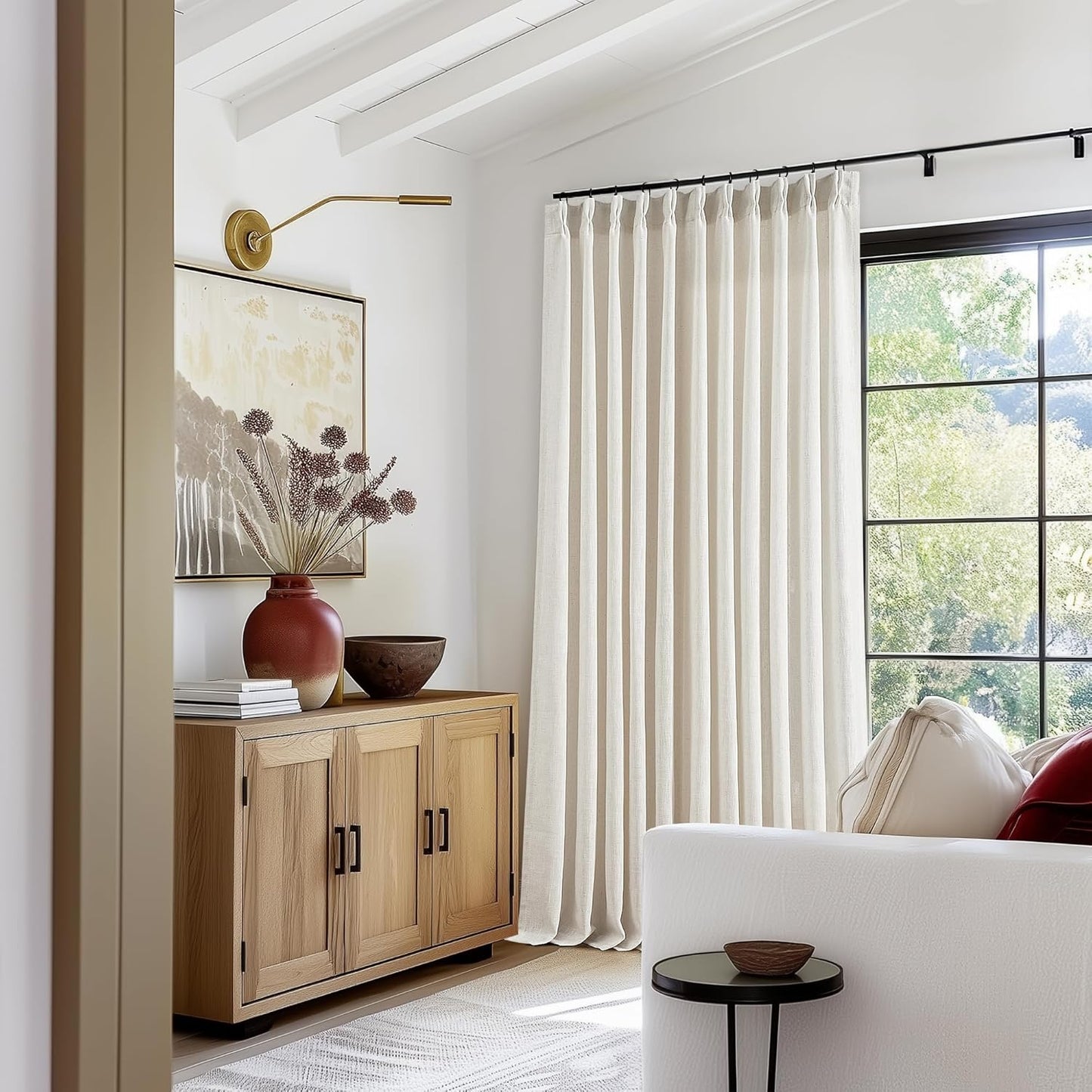 Natural Linen Kitchen Curtains 45 Inches Long 2 Sets Basement Curtains for Small Window Cream Ivory Pinch Pleated Back Tab Linen Blend Short Boho Semi Sheer Back Tab Drapes for Bay Windows 40x45