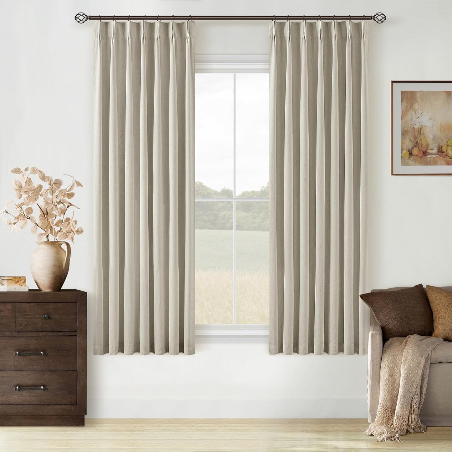 Cream Short Linen Curtains for Small Window 2 Panel Set Kitchen Curtains 45 Inch Length Pinch Pleated Back Tab 100% Blackout Natural Linen Room Darkening Thermal Insulated Drapes for Cafe Bathroom