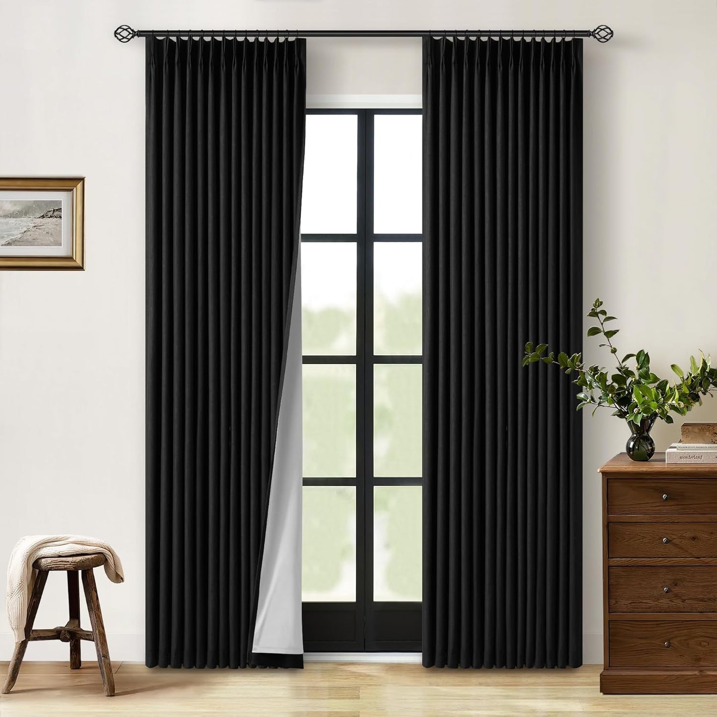 Cream Short Linen Curtains for Small Window 2 Panel Set Kitchen Curtains 45 Inch Length Pinch Pleated Back Tab 100% Blackout Natural Linen Room Darkening Thermal Insulated Drapes for Cafe Bathroom