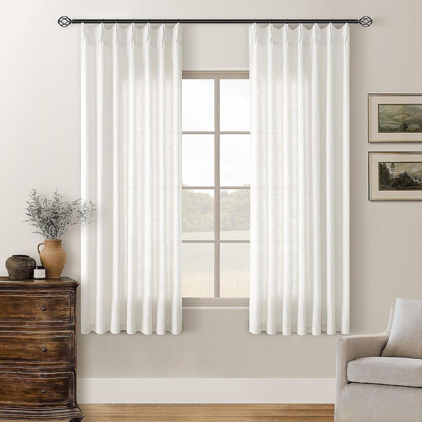 Natural Linen Kitchen Curtains 45 Inches Long 2 Sets Basement Curtains for Small Window Cream Ivory Pinch Pleated Back Tab Linen Blend Short Boho Semi Sheer Back Tab Drapes for Bay Windows 40x45