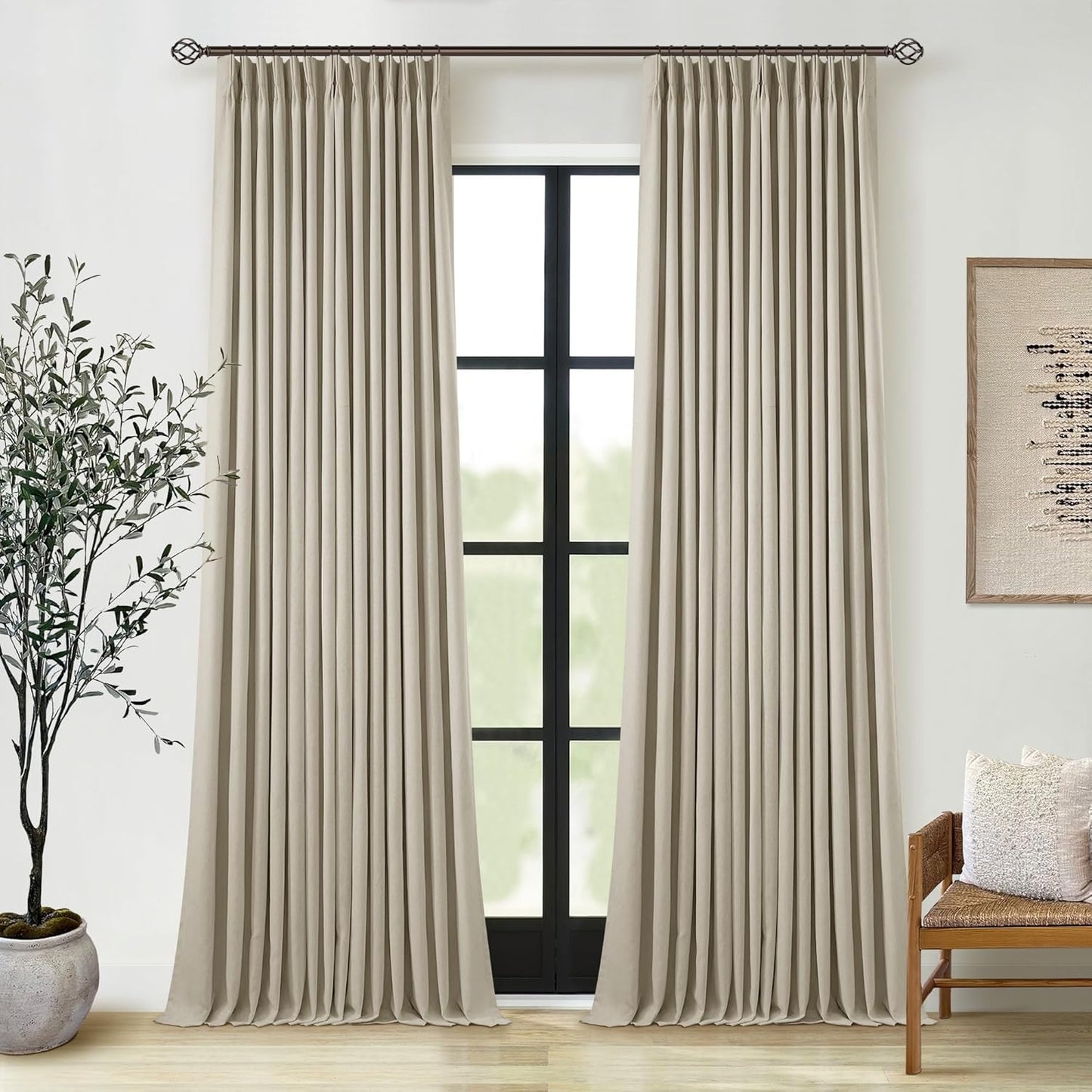 Cream Short Linen Curtains for Small Window 2 Panel Set Kitchen Curtains 45 Inch Length Pinch Pleated Back Tab 100% Blackout Natural Linen Room Darkening Thermal Insulated Drapes for Cafe Bathroom
