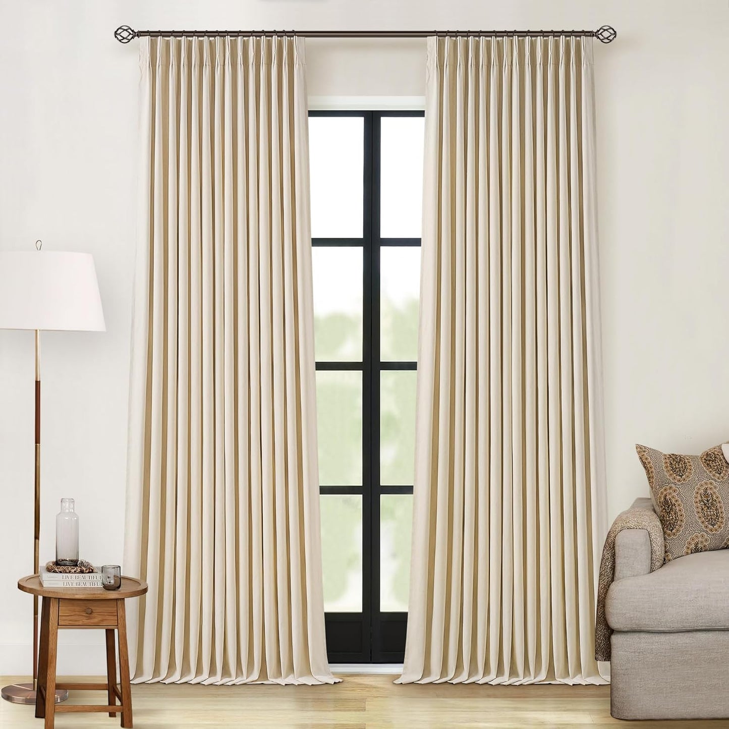 Cream Short Linen Curtains for Small Window 2 Panel Set Kitchen Curtains 45 Inch Length Pinch Pleated Back Tab 100% Blackout Natural Linen Room Darkening Thermal Insulated Drapes for Cafe Bathroom