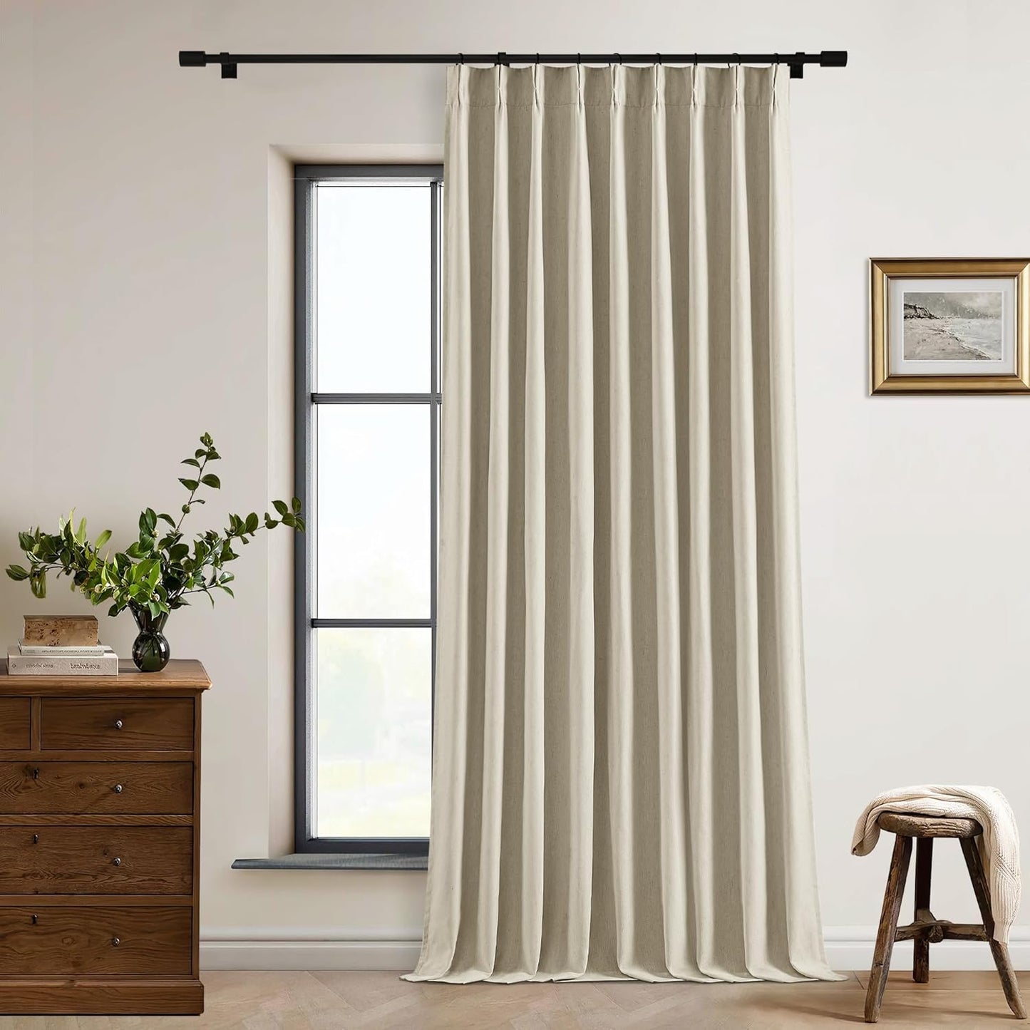 Cream Short Linen Curtains for Small Window 2 Panel Set Kitchen Curtains 45 Inch Length Pinch Pleated Back Tab 100% Blackout Natural Linen Room Darkening Thermal Insulated Drapes for Cafe Bathroom