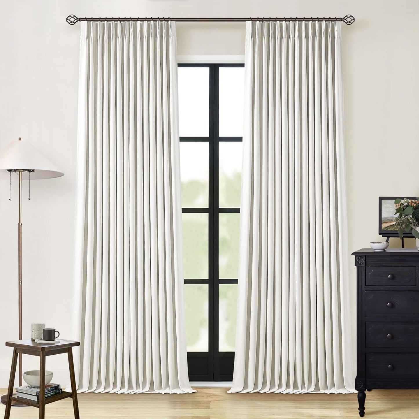 Cream Short Linen Curtains for Small Window 2 Panel Set Kitchen Curtains 45 Inch Length Pinch Pleated Back Tab 100% Blackout Natural Linen Room Darkening Thermal Insulated Drapes for Cafe Bathroom