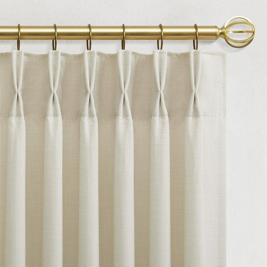 Linen Pinch Pleated Curtains 63 Inches for Cafe, Light Filtering Memory Training Shaped Cream Birch Short Non-See-Through Privacy Linen Curtain for Kitchen 2 Panels 40" W x 63" L Neutral