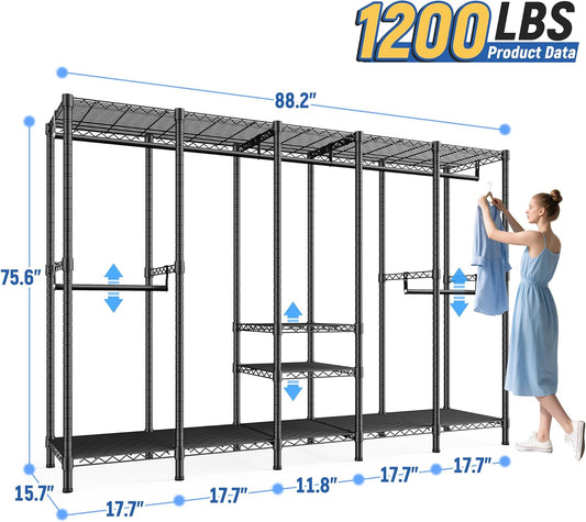 Raybee 88.2" W Clothes Rack Heavy Duty Clothing Racks for Hanging Clothes Portable Closet Loads 1200LBS Freestanding Garment Rack for Bedroom 88.2" W x 75.6" H x 15.7" D, Black