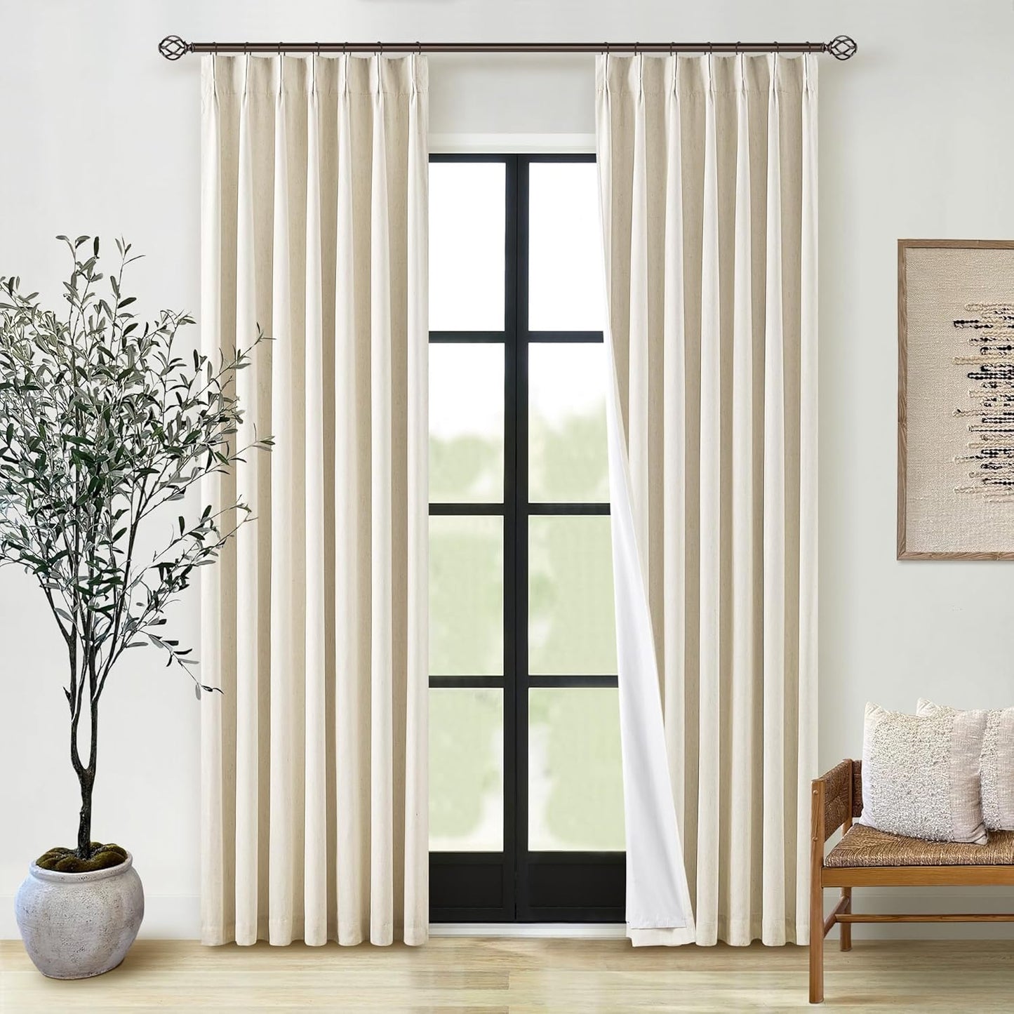 Cream Short Linen Curtains for Small Window 2 Panel Set Kitchen Curtains 45 Inch Length Pinch Pleated Back Tab 100% Blackout Natural Linen Room Darkening Thermal Insulated Drapes for Cafe Bathroom