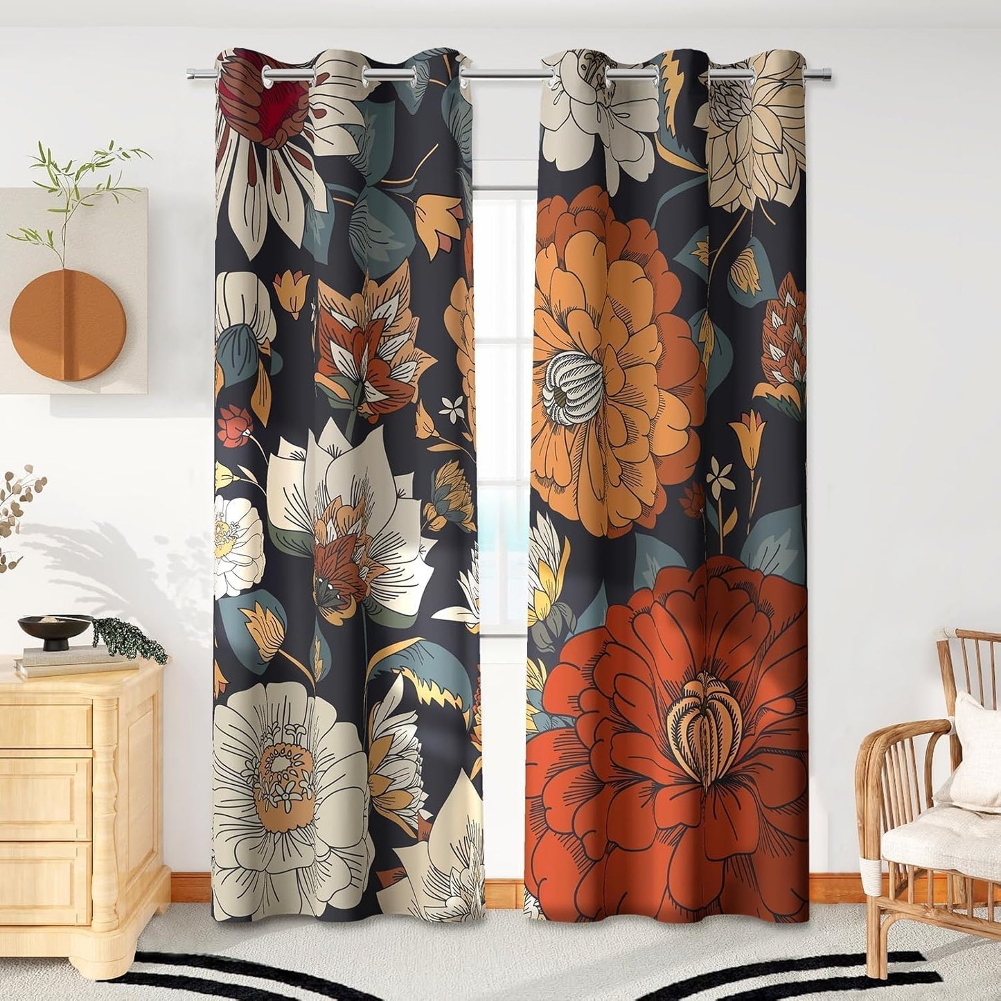 Black Boho Floral 100% Blackout Curtains for Bedroom 84 inch Long 2 Panels Mid Century Botanical Black Out Curtains for Living Room Grommet Thermal Insulated Room Darkening Window Drapes,52Wx84L