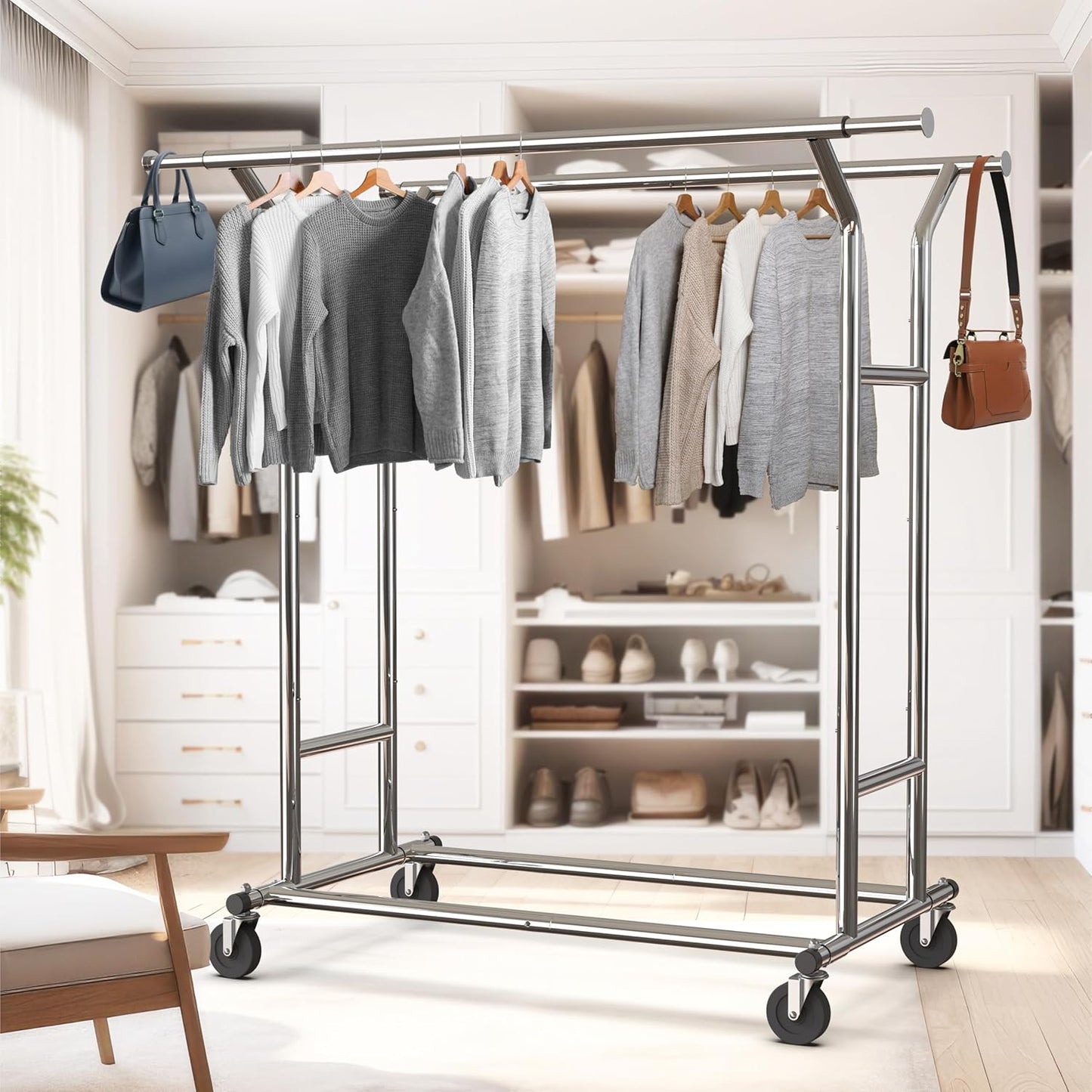 Simple Houseware Heavy Duty Double Rail Clothing Garment Rack, Holds Up to 200 lbs, 43 to 67 Inches Extendable Rod, Chrome