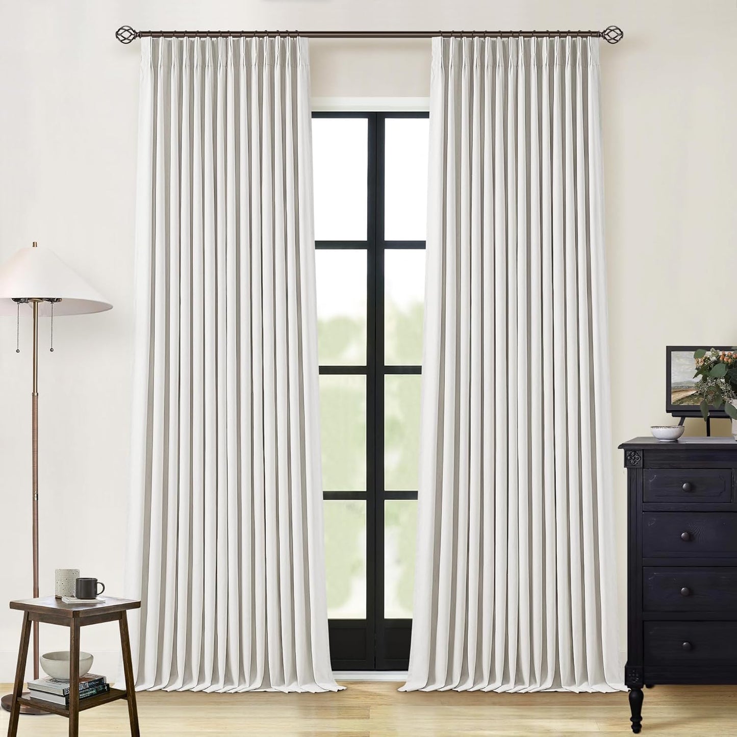 Cream Short Linen Curtains for Small Window 2 Panel Set Kitchen Curtains 45 Inch Length Pinch Pleated Back Tab 100% Blackout Natural Linen Room Darkening Thermal Insulated Drapes for Cafe Bathroom