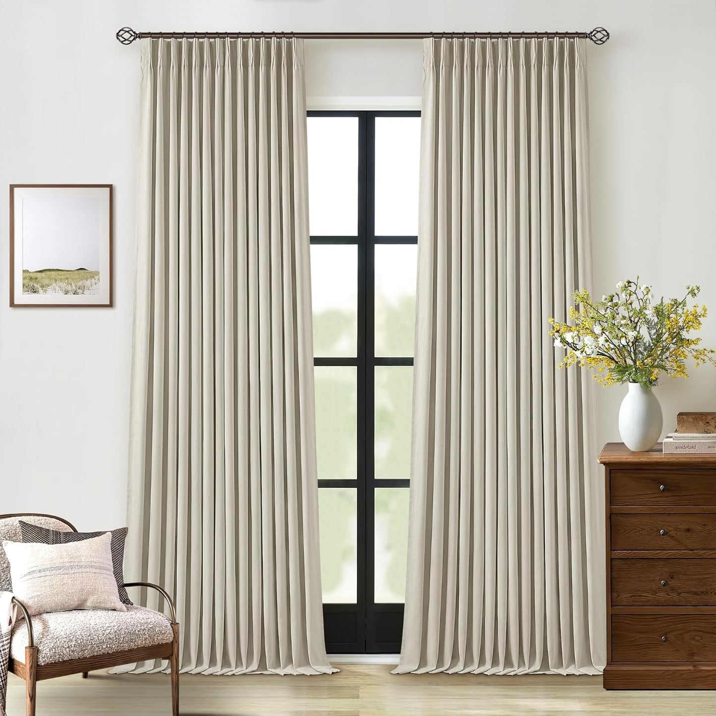 Cream Short Linen Curtains for Small Window 2 Panel Set Kitchen Curtains 45 Inch Length Pinch Pleated Back Tab 100% Blackout Natural Linen Room Darkening Thermal Insulated Drapes for Cafe Bathroom