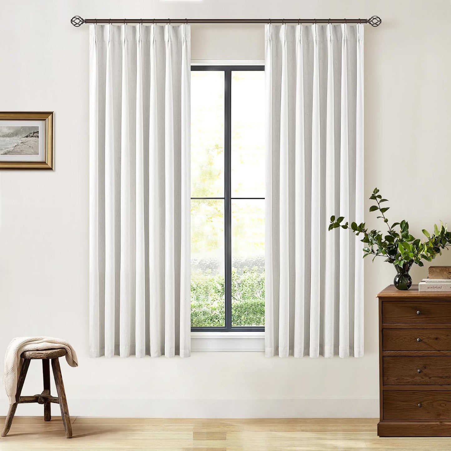 Cream Short Linen Curtains for Small Window 2 Panel Set Kitchen Curtains 45 Inch Length Pinch Pleated Back Tab 100% Blackout Natural Linen Room Darkening Thermal Insulated Drapes for Cafe Bathroom