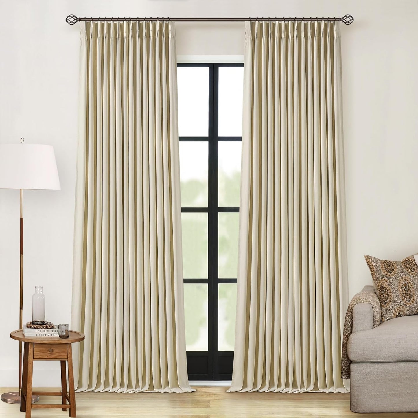 Cream Short Linen Curtains for Small Window 2 Panel Set Kitchen Curtains 45 Inch Length Pinch Pleated Back Tab 100% Blackout Natural Linen Room Darkening Thermal Insulated Drapes for Cafe Bathroom