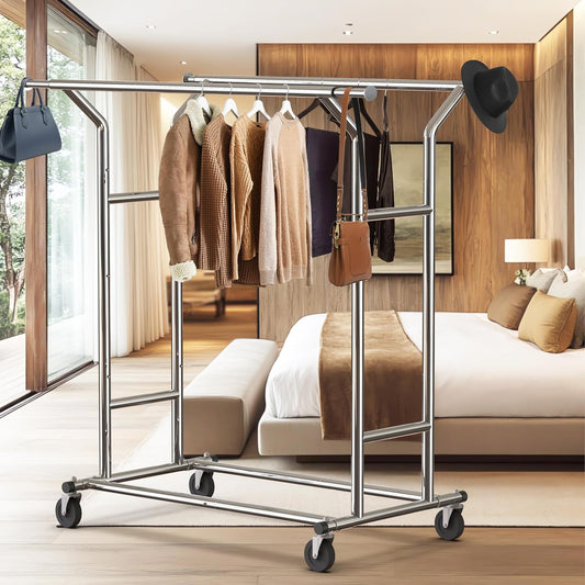 Simple Houseware Heavy Duty Double Rail Clothing Garment Rack, Holds Up to 200 lbs, 43 to 67 Inches Extendable Rod, Chrome