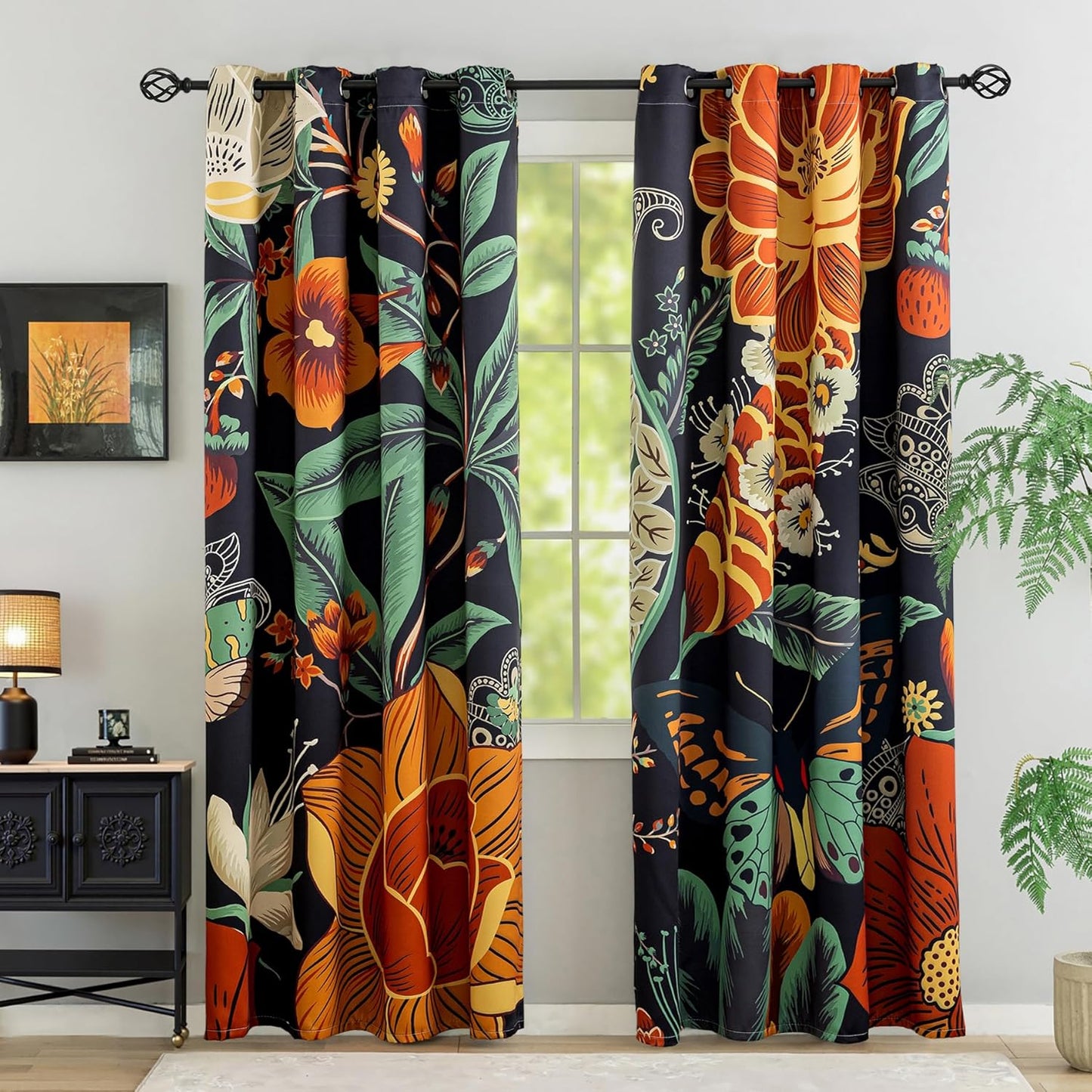 Black Boho Floral 100% Blackout Curtains for Bedroom 84 inch Long 2 Panels Mid Century Botanical Black Out Curtains for Living Room Grommet Thermal Insulated Room Darkening Window Drapes,52Wx84L