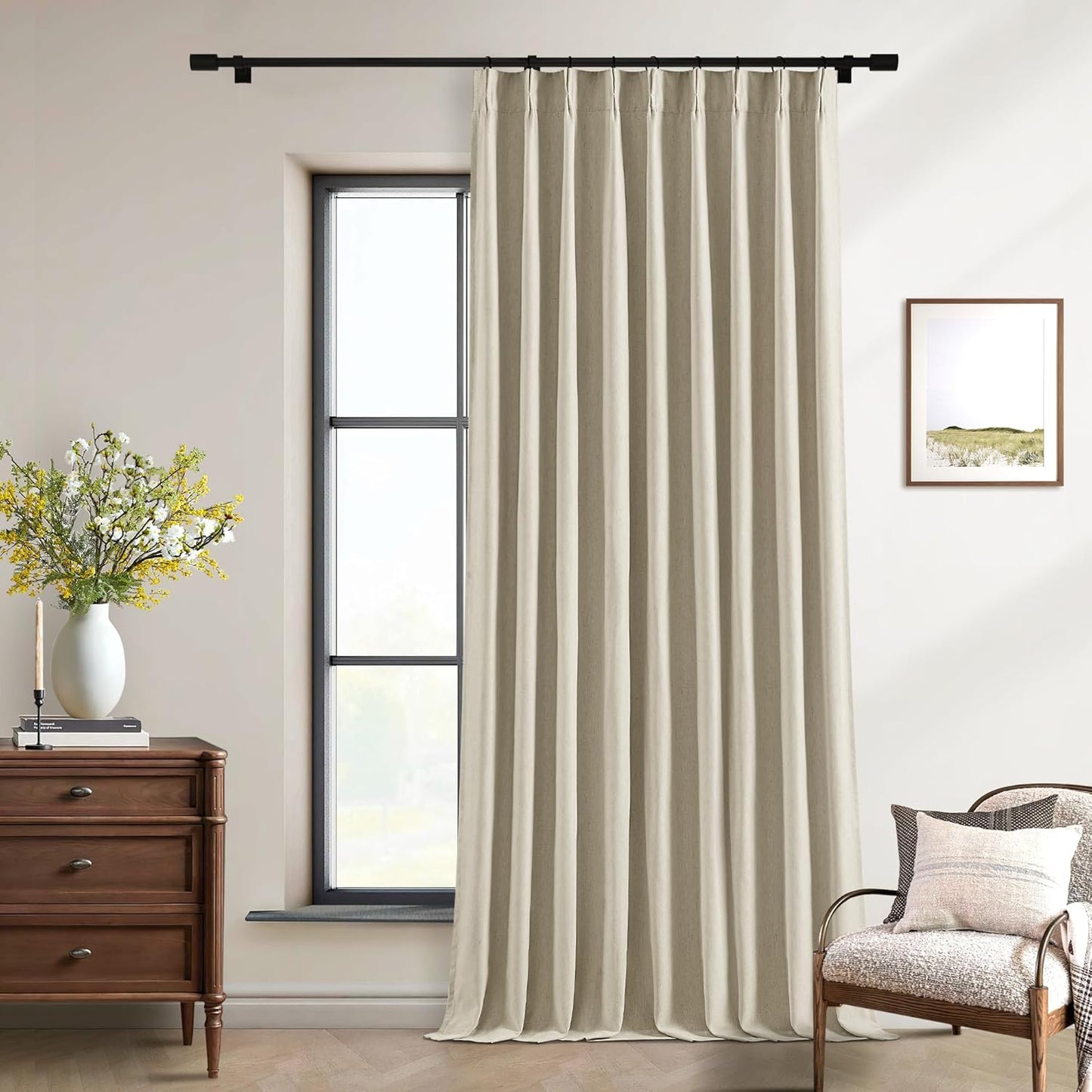 Cream Short Linen Curtains for Small Window 2 Panel Set Kitchen Curtains 45 Inch Length Pinch Pleated Back Tab 100% Blackout Natural Linen Room Darkening Thermal Insulated Drapes for Cafe Bathroom