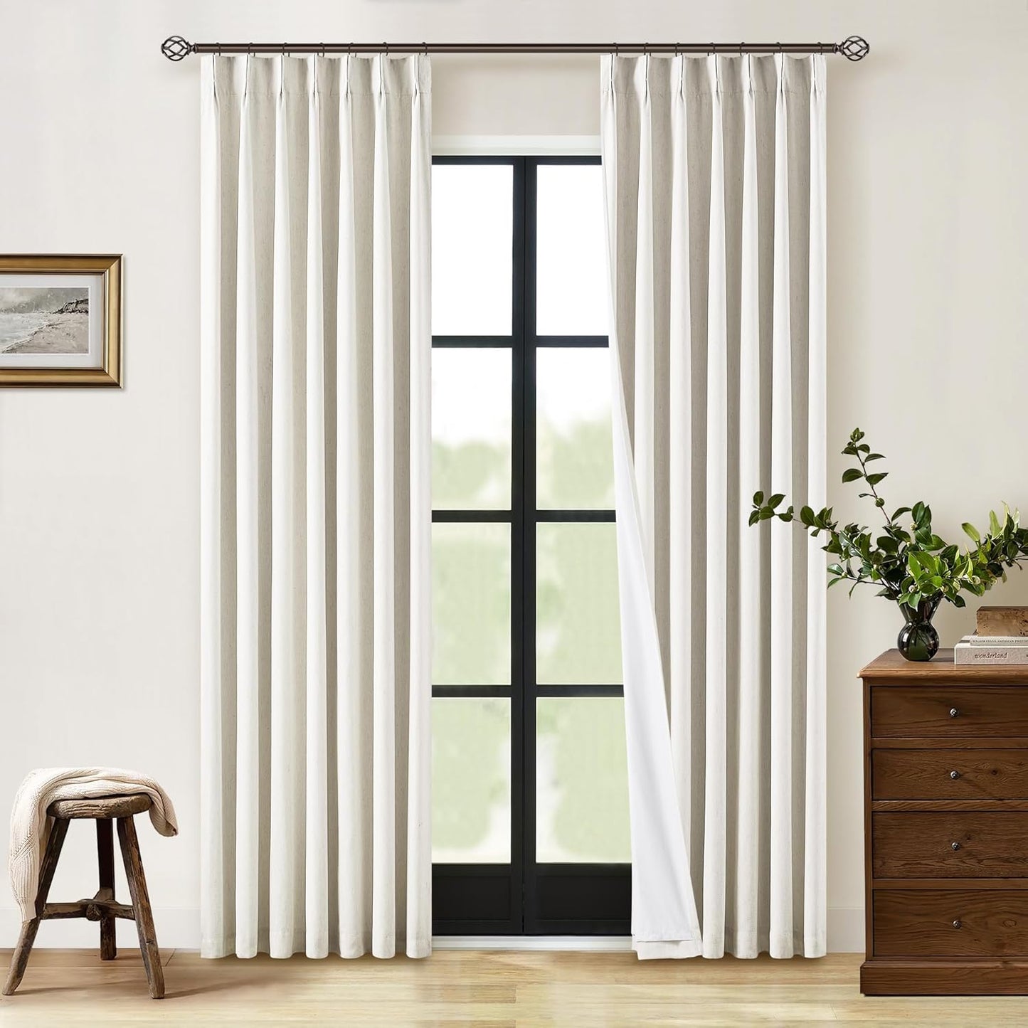 Cream Short Linen Curtains for Small Window 2 Panel Set Kitchen Curtains 45 Inch Length Pinch Pleated Back Tab 100% Blackout Natural Linen Room Darkening Thermal Insulated Drapes for Cafe Bathroom