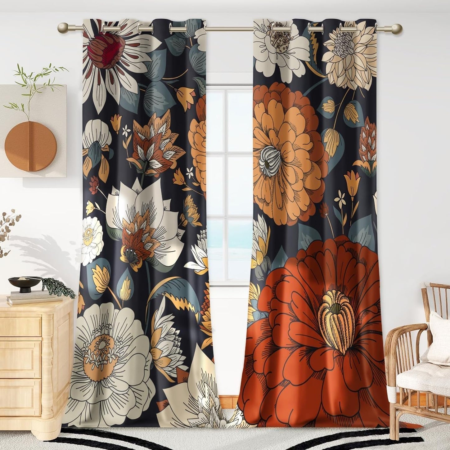 Black Boho Floral 100% Blackout Curtains for Bedroom 84 inch Long 2 Panels Mid Century Botanical Black Out Curtains for Living Room Grommet Thermal Insulated Room Darkening Window Drapes,52Wx84L