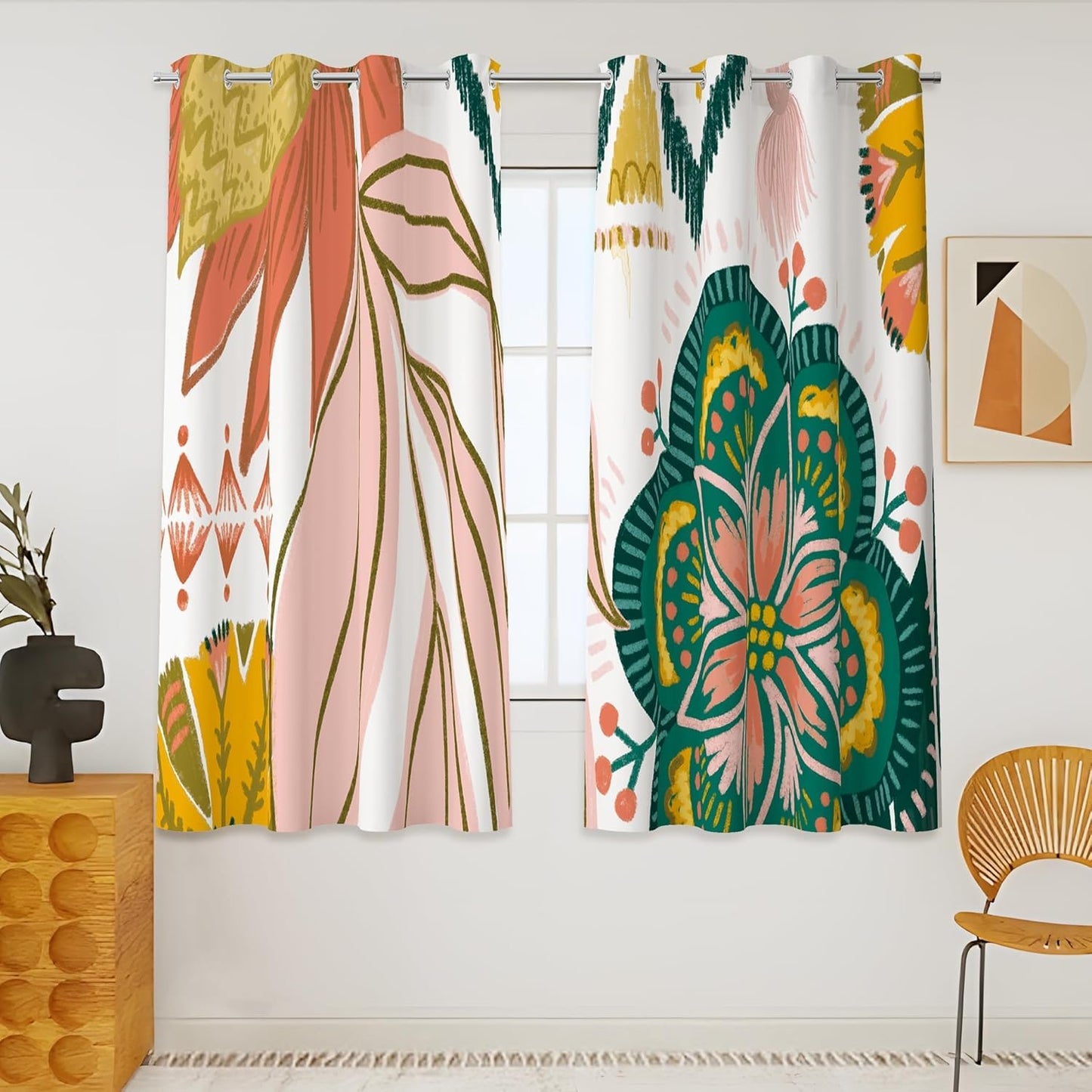 Black Boho Floral 100% Blackout Curtains for Bedroom 84 inch Long 2 Panels Mid Century Botanical Black Out Curtains for Living Room Grommet Thermal Insulated Room Darkening Window Drapes,52Wx84L