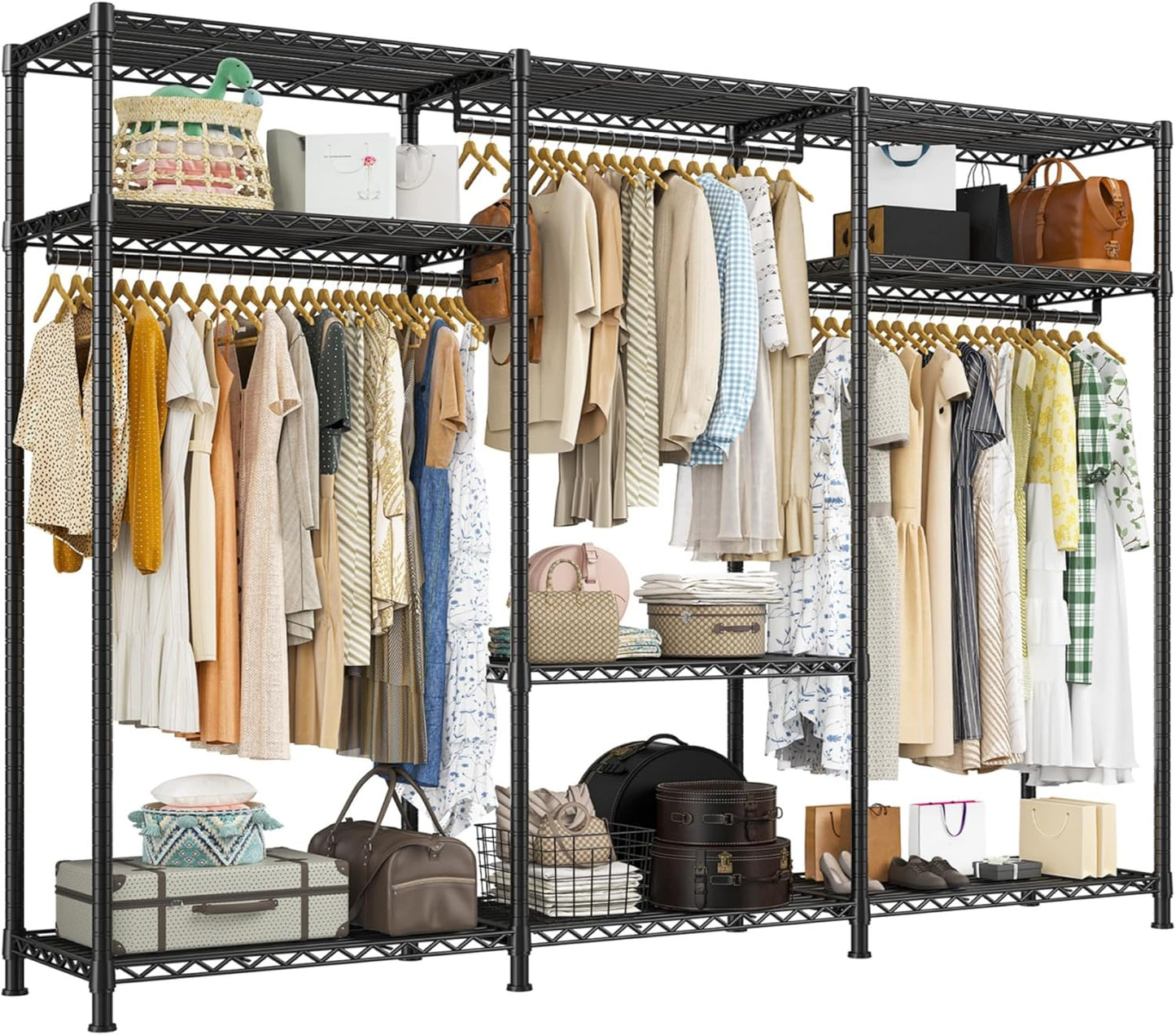 Raybee Clothes Rack Heavy Duty 1100 LBS Capacity Clothing Racks for Hanging Clothes Adjustable Garment Rack,17.7" D x 75.8" W x 76.9" H Black