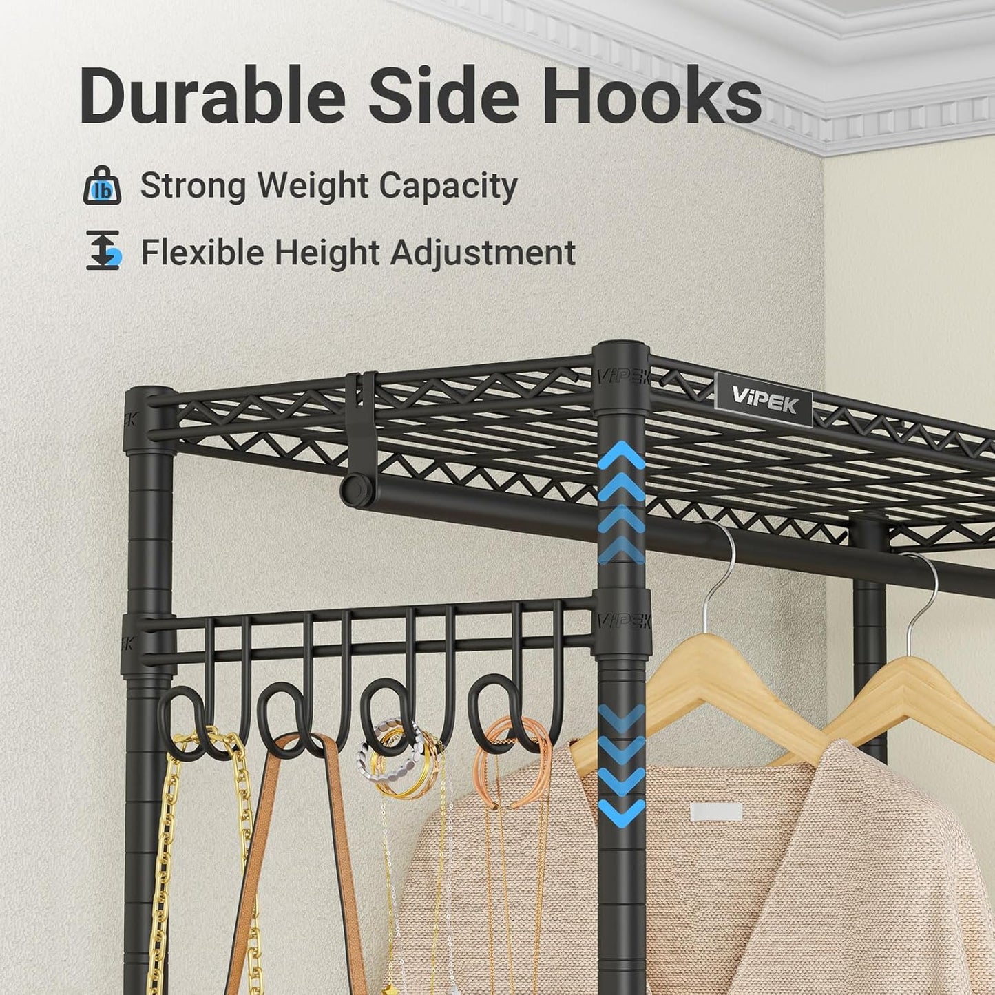 VIPEK R2 Plus Heavy Duty Rolling Garment Rack 3 Tiers Adjustable Wire Shelving Clothes Rack with Double Rods and Side Hooks, Freestanding Wardrobe Storage Rack Metal Clothing Rack, Black