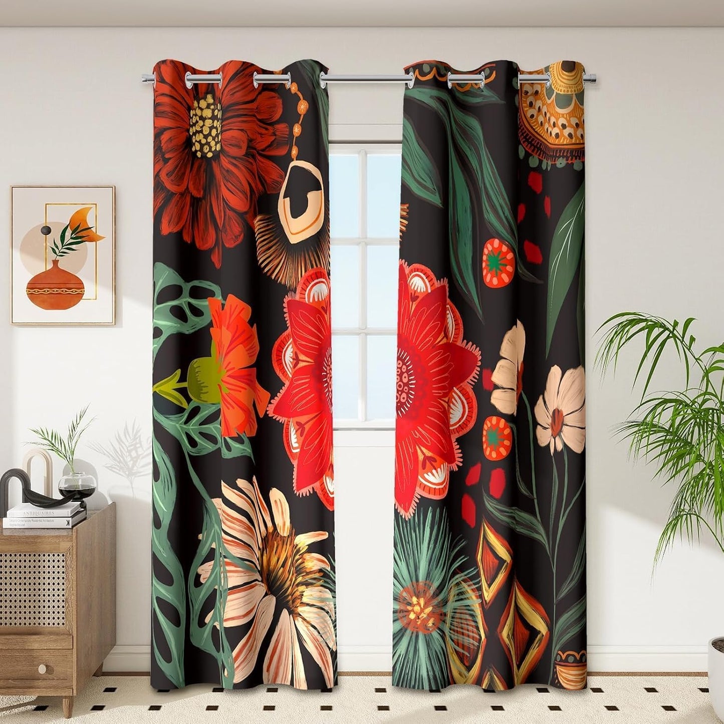 Black Boho Floral 100% Blackout Curtains for Bedroom 84 inch Long 2 Panels Mid Century Botanical Black Out Curtains for Living Room Grommet Thermal Insulated Room Darkening Window Drapes,52Wx84L