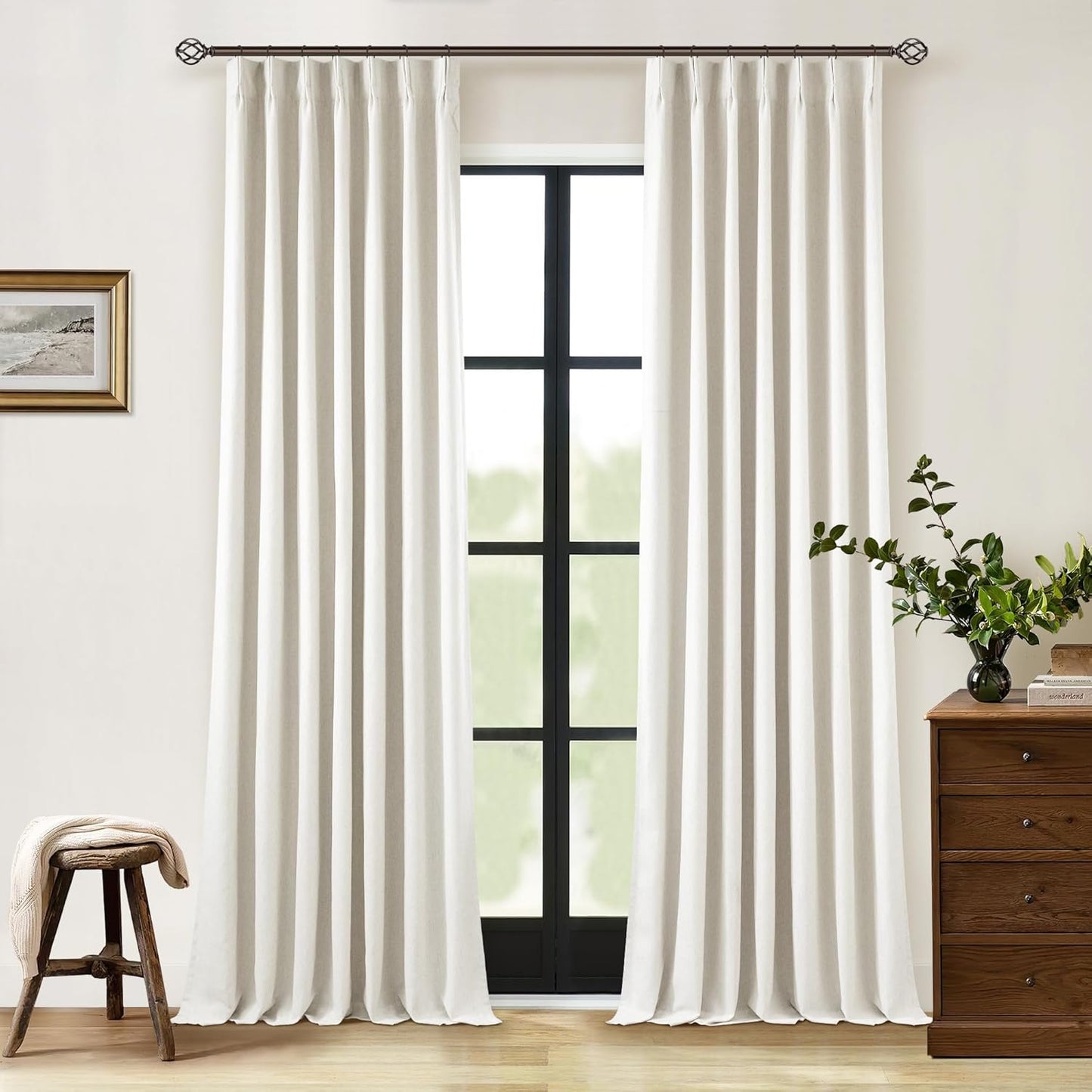 Cream Short Linen Curtains for Small Window 2 Panel Set Kitchen Curtains 45 Inch Length Pinch Pleated Back Tab 100% Blackout Natural Linen Room Darkening Thermal Insulated Drapes for Cafe Bathroom