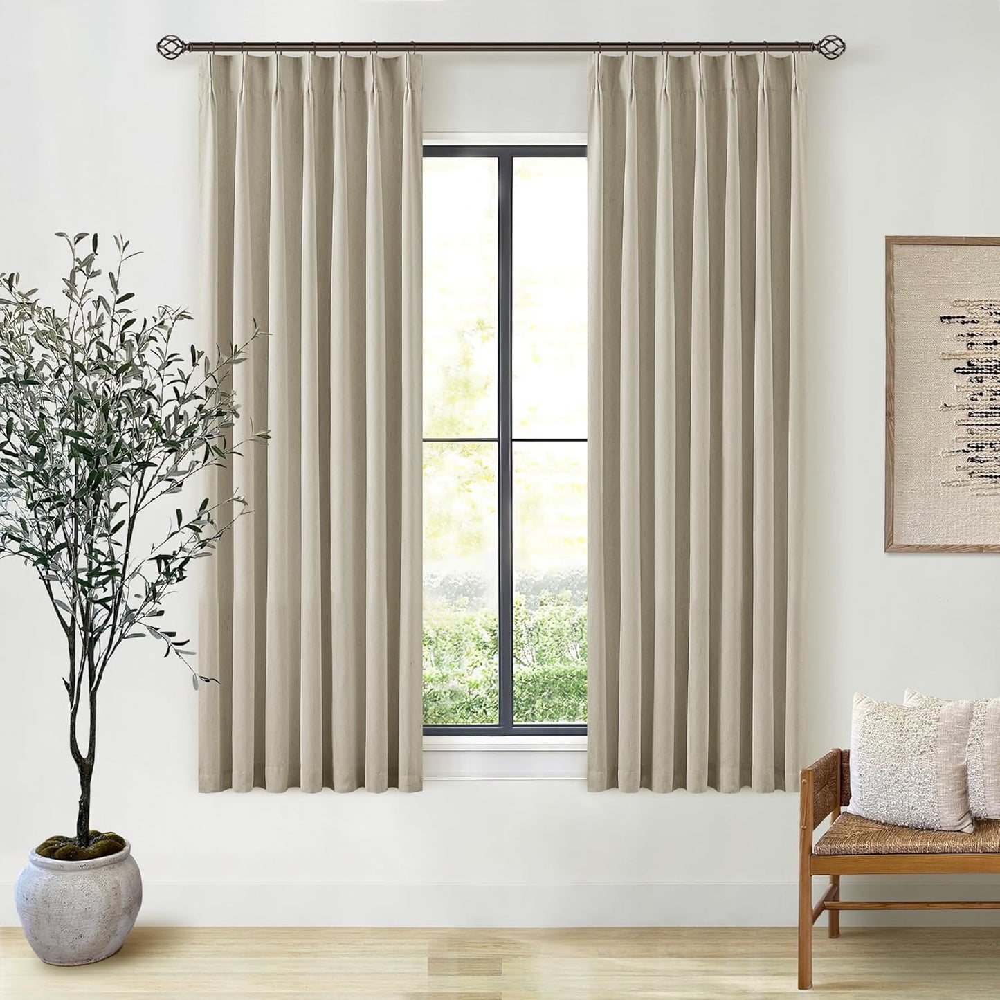 Cream Short Linen Curtains for Small Window 2 Panel Set Kitchen Curtains 45 Inch Length Pinch Pleated Back Tab 100% Blackout Natural Linen Room Darkening Thermal Insulated Drapes for Cafe Bathroom