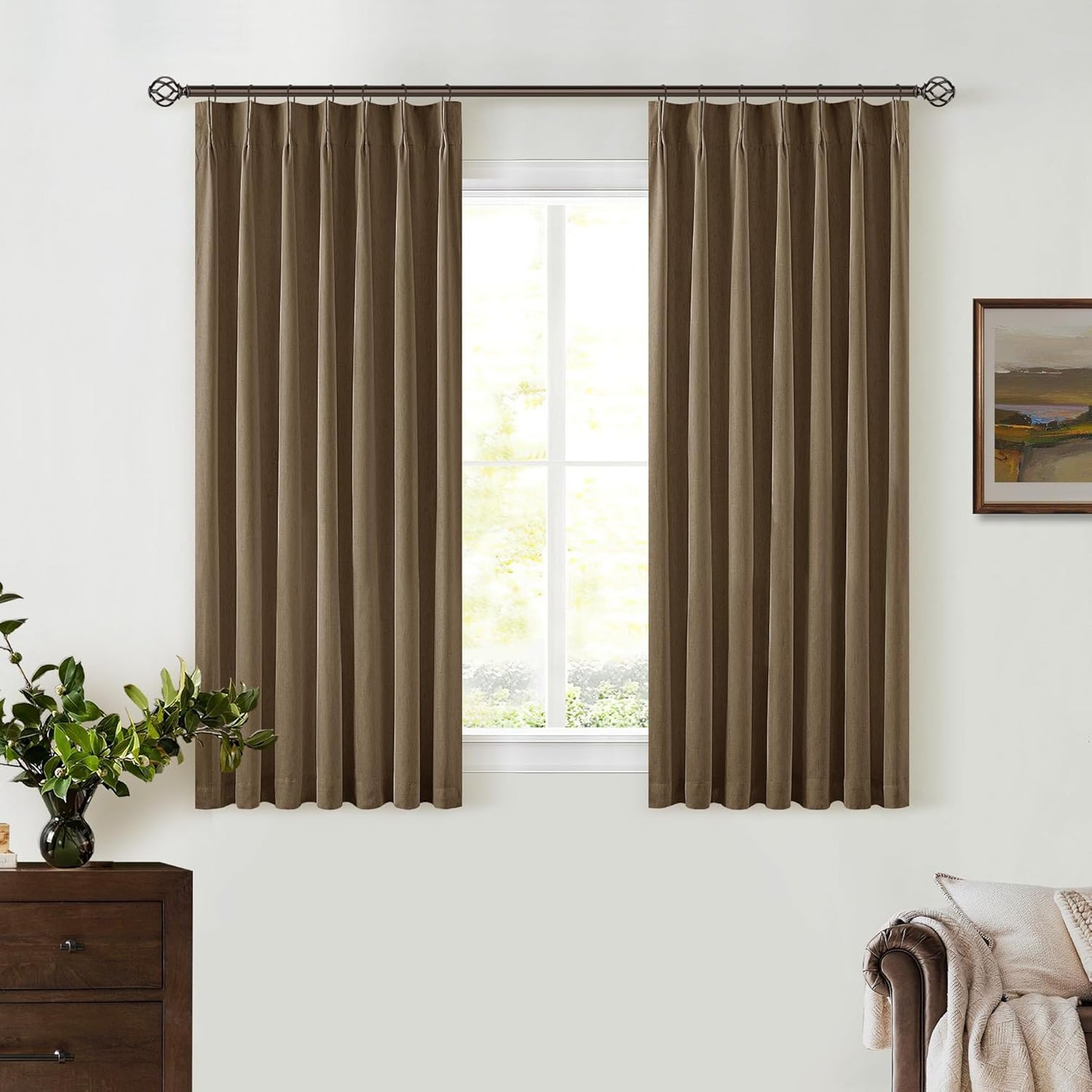 Cream Short Linen Curtains for Small Window 2 Panel Set Kitchen Curtains 45 Inch Length Pinch Pleated Back Tab 100% Blackout Natural Linen Room Darkening Thermal Insulated Drapes for Cafe Bathroom