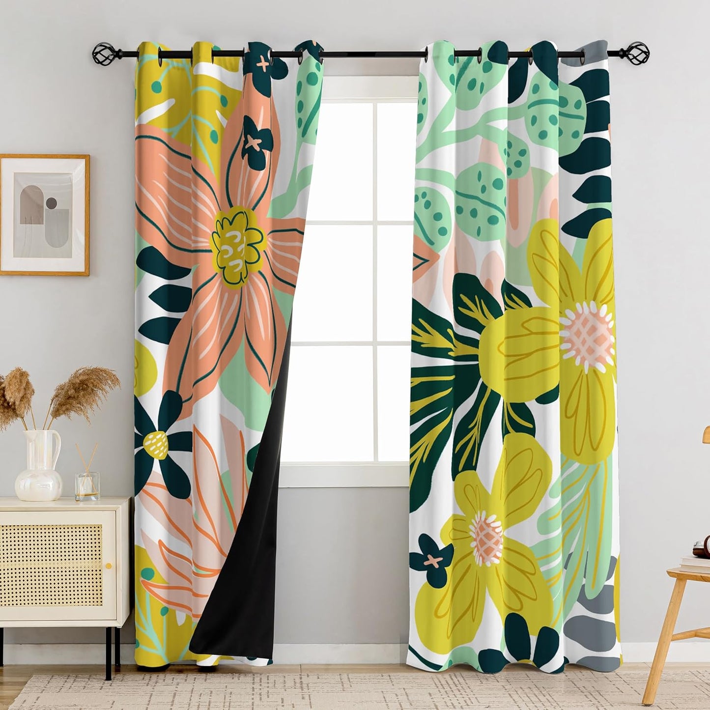 Black Boho Floral 100% Blackout Curtains for Bedroom 84 inch Long 2 Panels Mid Century Botanical Black Out Curtains for Living Room Grommet Thermal Insulated Room Darkening Window Drapes,52Wx84L