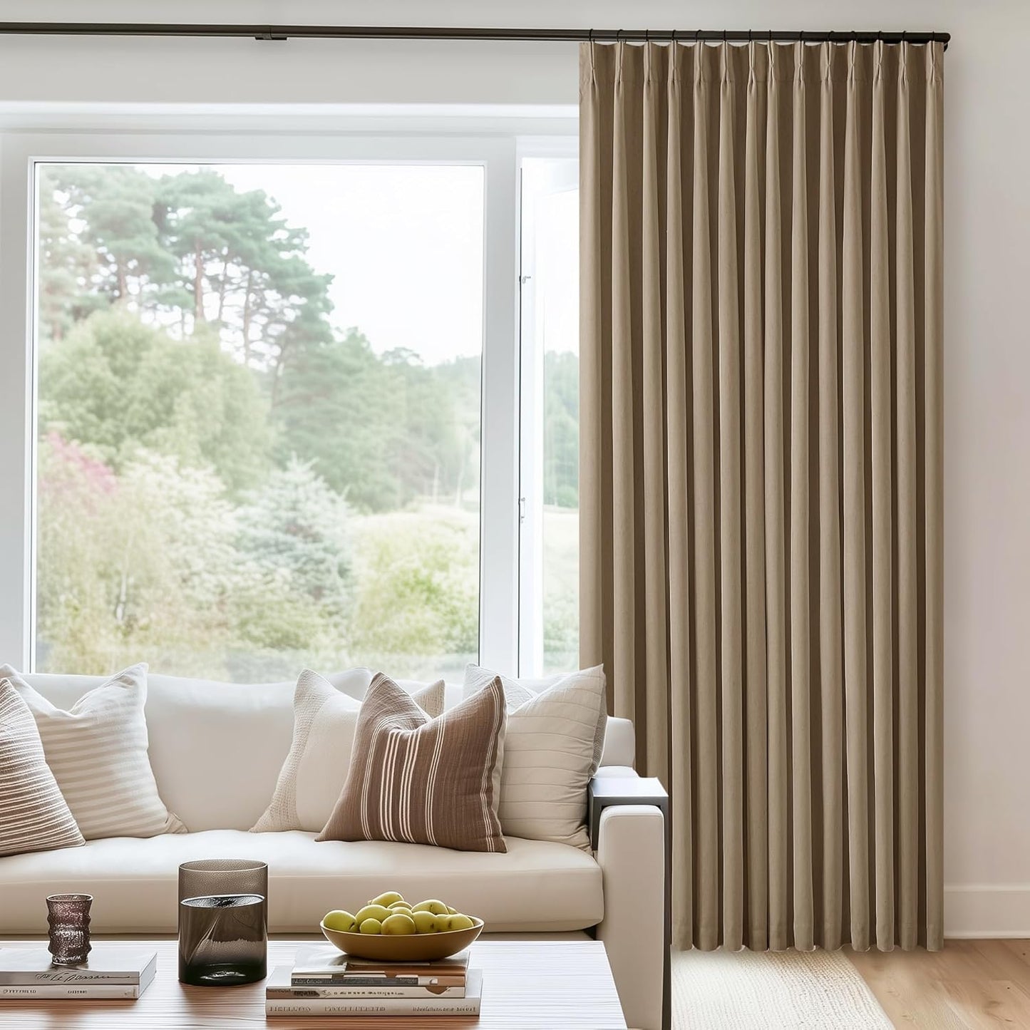 Cream Short Linen Curtains for Small Window 2 Panel Set Kitchen Curtains 45 Inch Length Pinch Pleated Back Tab 100% Blackout Natural Linen Room Darkening Thermal Insulated Drapes for Cafe Bathroom