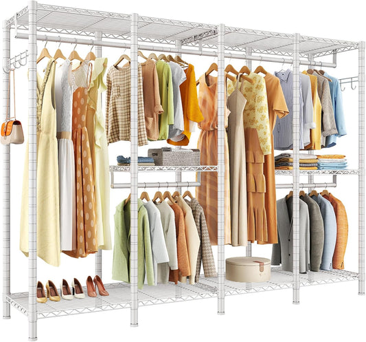 Raybee Clothes Rack Heavy Duty Clothing Racks for Hanging Clothes Loads 1100LBS, Garment Rack Freestanding for Bedroom, 75" H x 75" W x 15.7" D, White