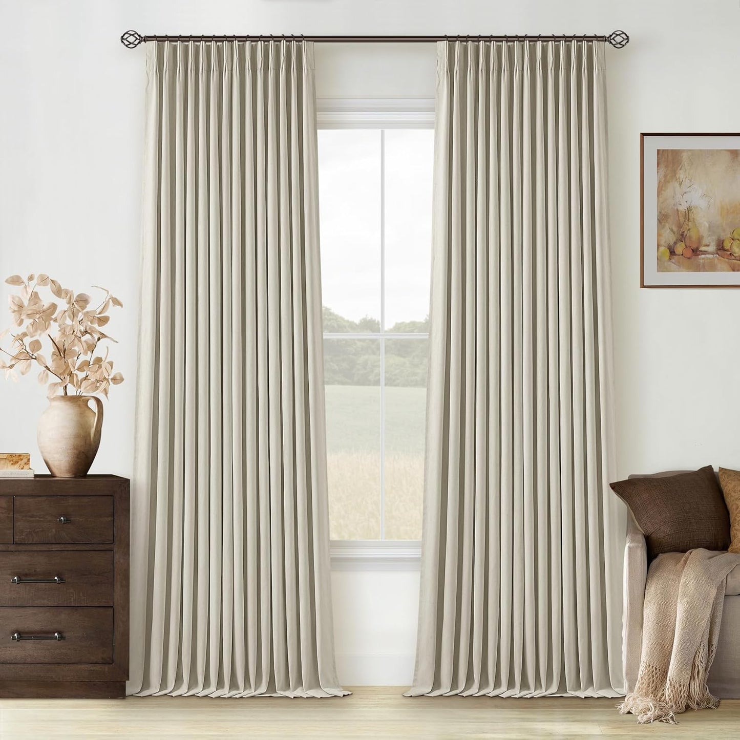 Cream Short Linen Curtains for Small Window 2 Panel Set Kitchen Curtains 45 Inch Length Pinch Pleated Back Tab 100% Blackout Natural Linen Room Darkening Thermal Insulated Drapes for Cafe Bathroom