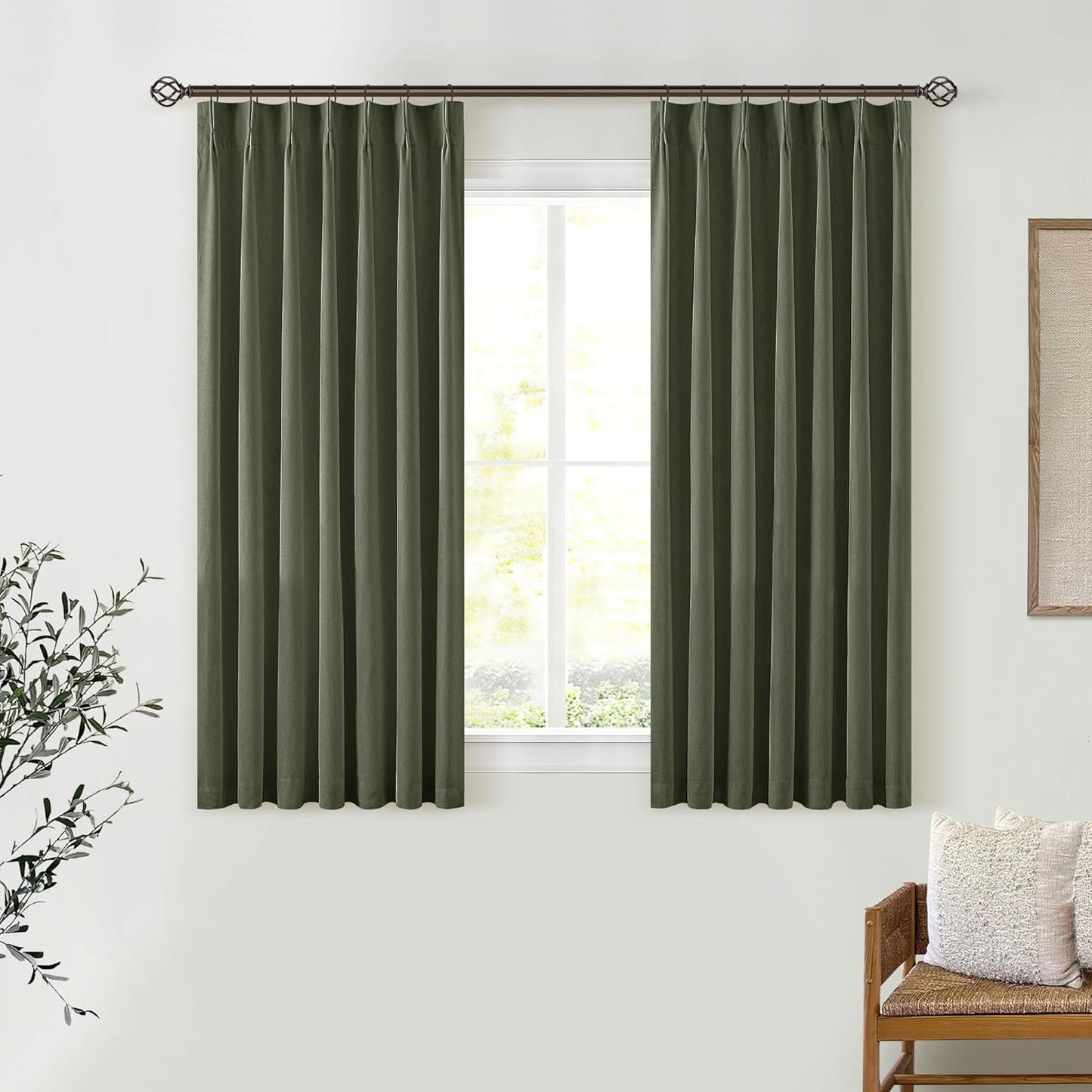 Cream Short Linen Curtains for Small Window 2 Panel Set Kitchen Curtains 45 Inch Length Pinch Pleated Back Tab 100% Blackout Natural Linen Room Darkening Thermal Insulated Drapes for Cafe Bathroom