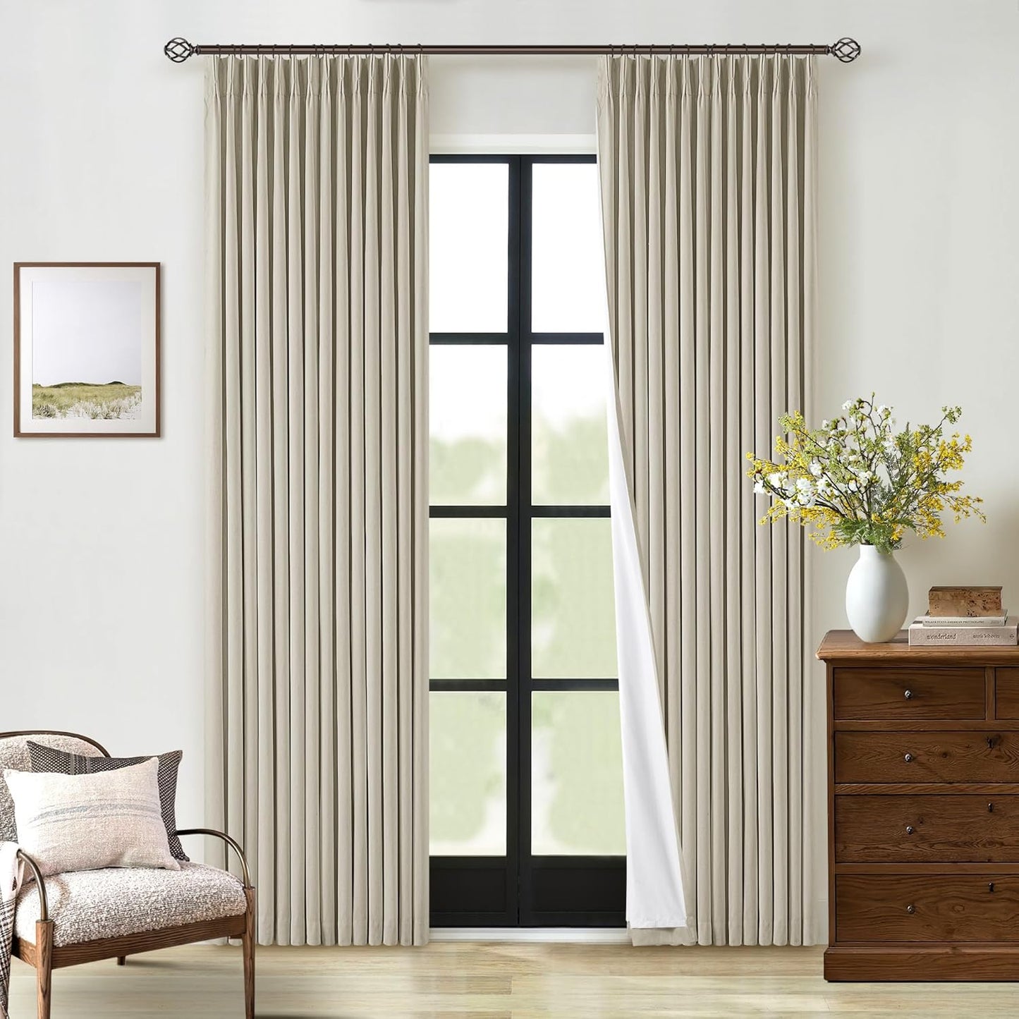 Cream Short Linen Curtains for Small Window 2 Panel Set Kitchen Curtains 45 Inch Length Pinch Pleated Back Tab 100% Blackout Natural Linen Room Darkening Thermal Insulated Drapes for Cafe Bathroom