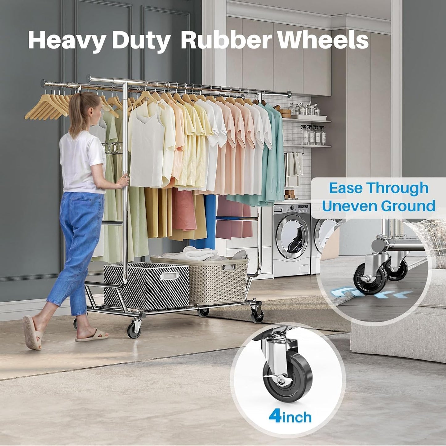 HOKEEPER Clothes Rack Heavy Duty Clothing Rack Load 650 LBS Collapsible Garment Rack with Wheels Double Rod Clothes Rack for Hanging Clothes Commercial Portable Closet Rack with Shelves 22"D*75"W*68"H