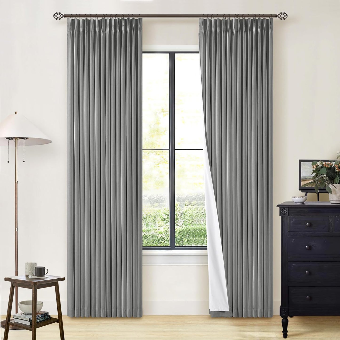 Cream Short Linen Curtains for Small Window 2 Panel Set Kitchen Curtains 45 Inch Length Pinch Pleated Back Tab 100% Blackout Natural Linen Room Darkening Thermal Insulated Drapes for Cafe Bathroom
