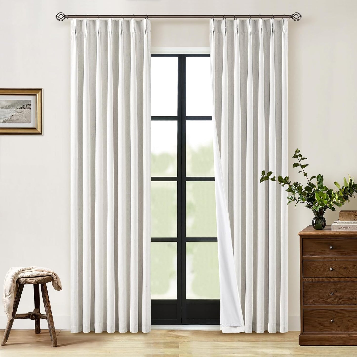 Cream Short Linen Curtains for Small Window 2 Panel Set Kitchen Curtains 45 Inch Length Pinch Pleated Back Tab 100% Blackout Natural Linen Room Darkening Thermal Insulated Drapes for Cafe Bathroom