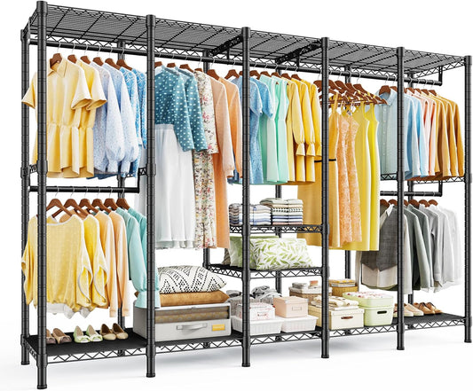 Raybee 88.2" W Clothes Rack Heavy Duty Clothing Racks for Hanging Clothes Portable Closet Loads 1200LBS Freestanding Garment Rack for Bedroom 88.2" W x 75.6" H x 15.7" D, Black