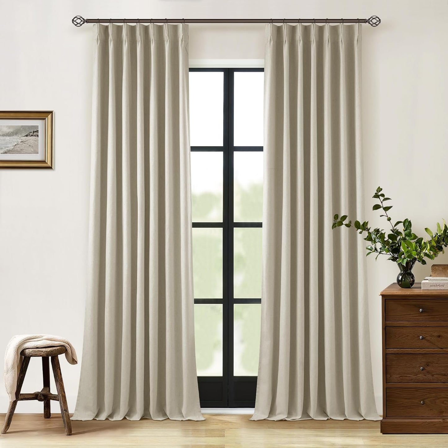 Cream Short Linen Curtains for Small Window 2 Panel Set Kitchen Curtains 45 Inch Length Pinch Pleated Back Tab 100% Blackout Natural Linen Room Darkening Thermal Insulated Drapes for Cafe Bathroom