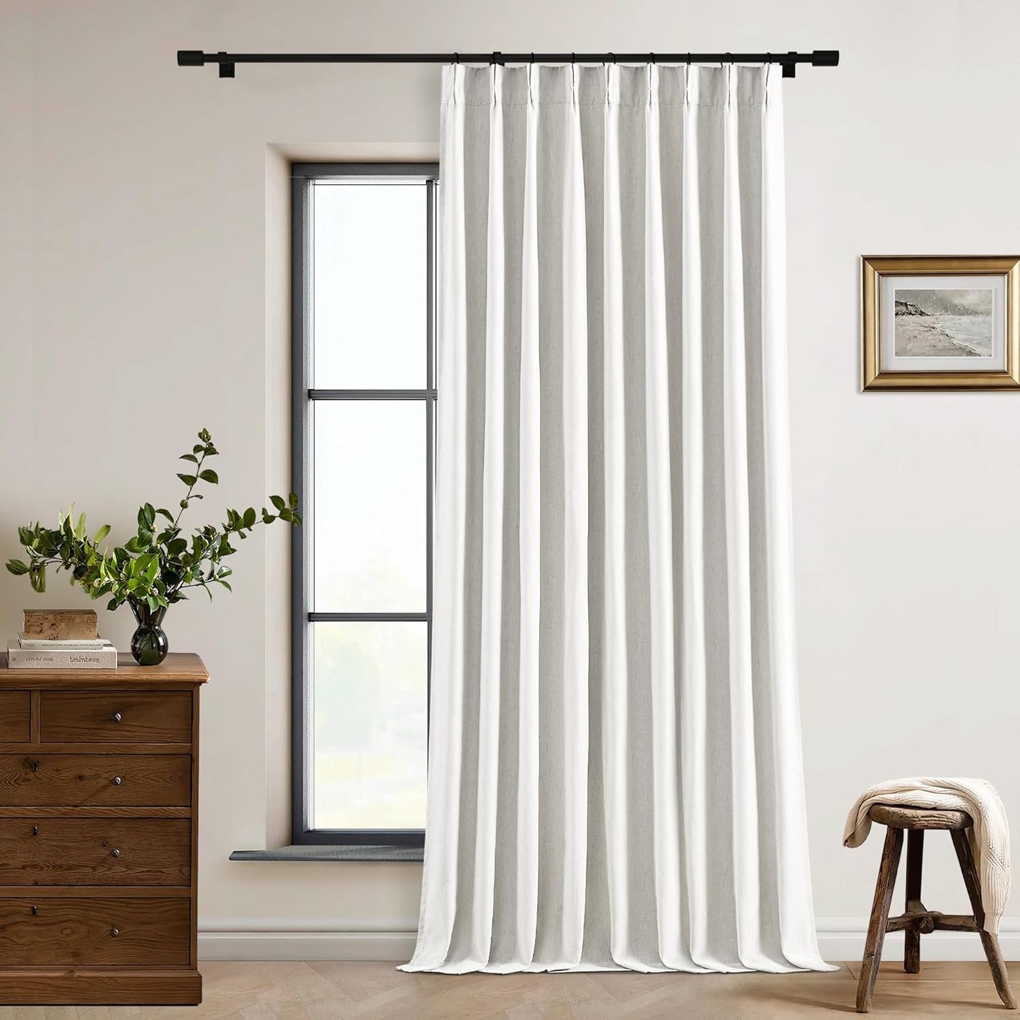 Cream Short Linen Curtains for Small Window 2 Panel Set Kitchen Curtains 45 Inch Length Pinch Pleated Back Tab 100% Blackout Natural Linen Room Darkening Thermal Insulated Drapes for Cafe Bathroom