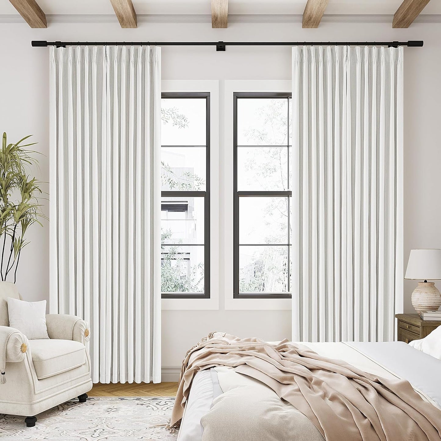 Cream Short Linen Curtains for Small Window 2 Panel Set Kitchen Curtains 45 Inch Length Pinch Pleated Back Tab 100% Blackout Natural Linen Room Darkening Thermal Insulated Drapes for Cafe Bathroom