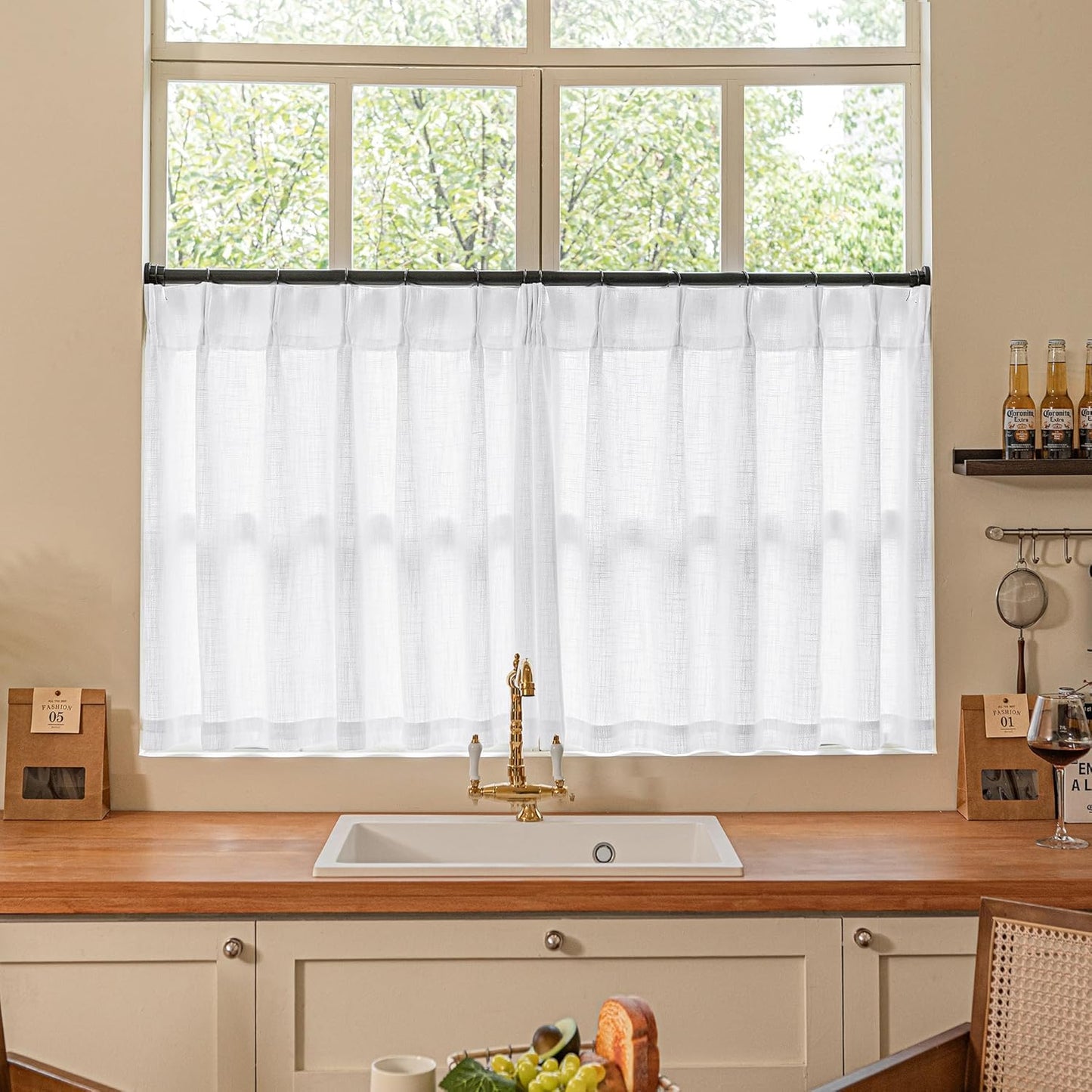 Natural Linen Kitchen Curtains 45 Inches Long 2 Sets Basement Curtains for Small Window Cream Ivory Pinch Pleated Back Tab Linen Blend Short Boho Semi Sheer Back Tab Drapes for Bay Windows 40x45