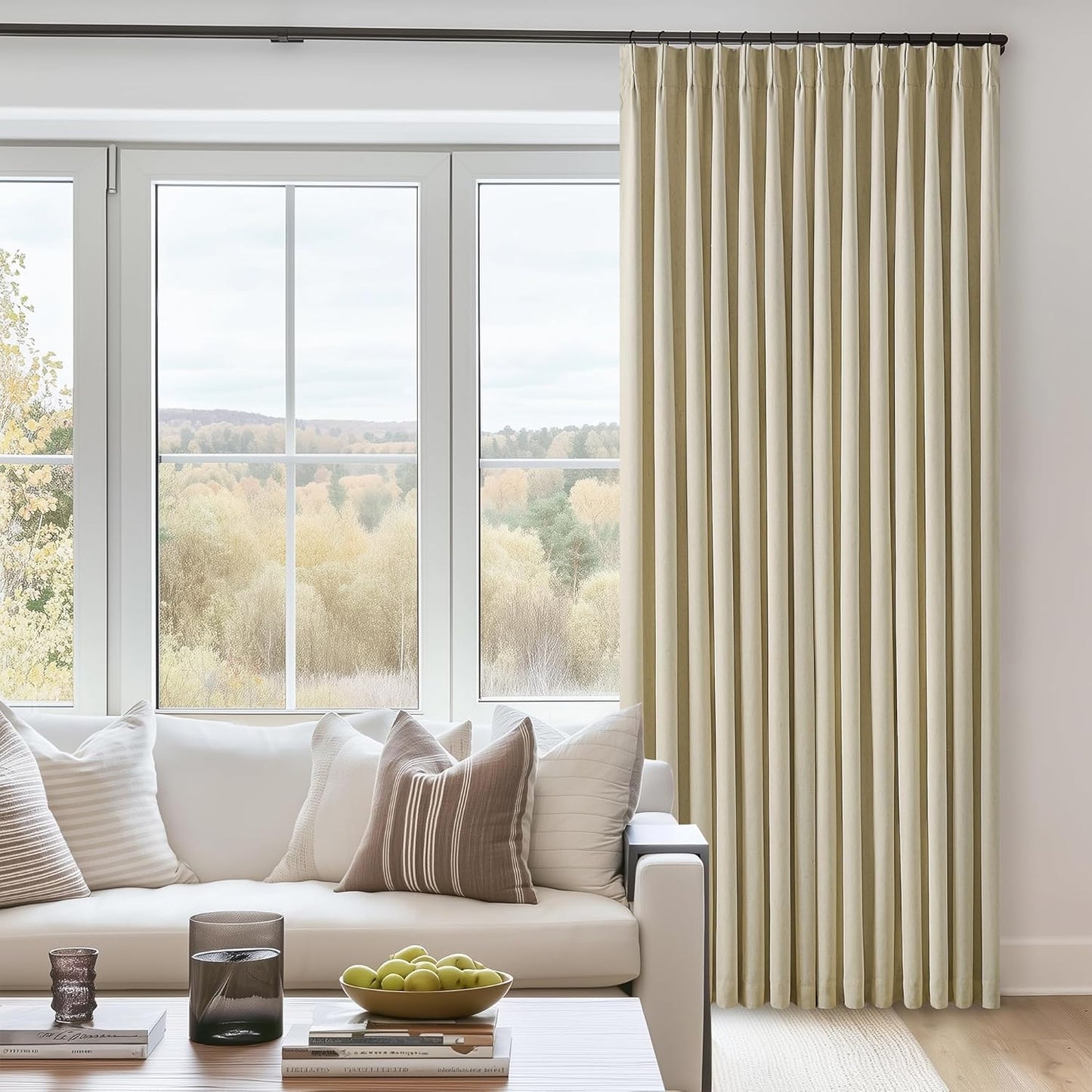 Cream Short Linen Curtains for Small Window 2 Panel Set Kitchen Curtains 45 Inch Length Pinch Pleated Back Tab 100% Blackout Natural Linen Room Darkening Thermal Insulated Drapes for Cafe Bathroom