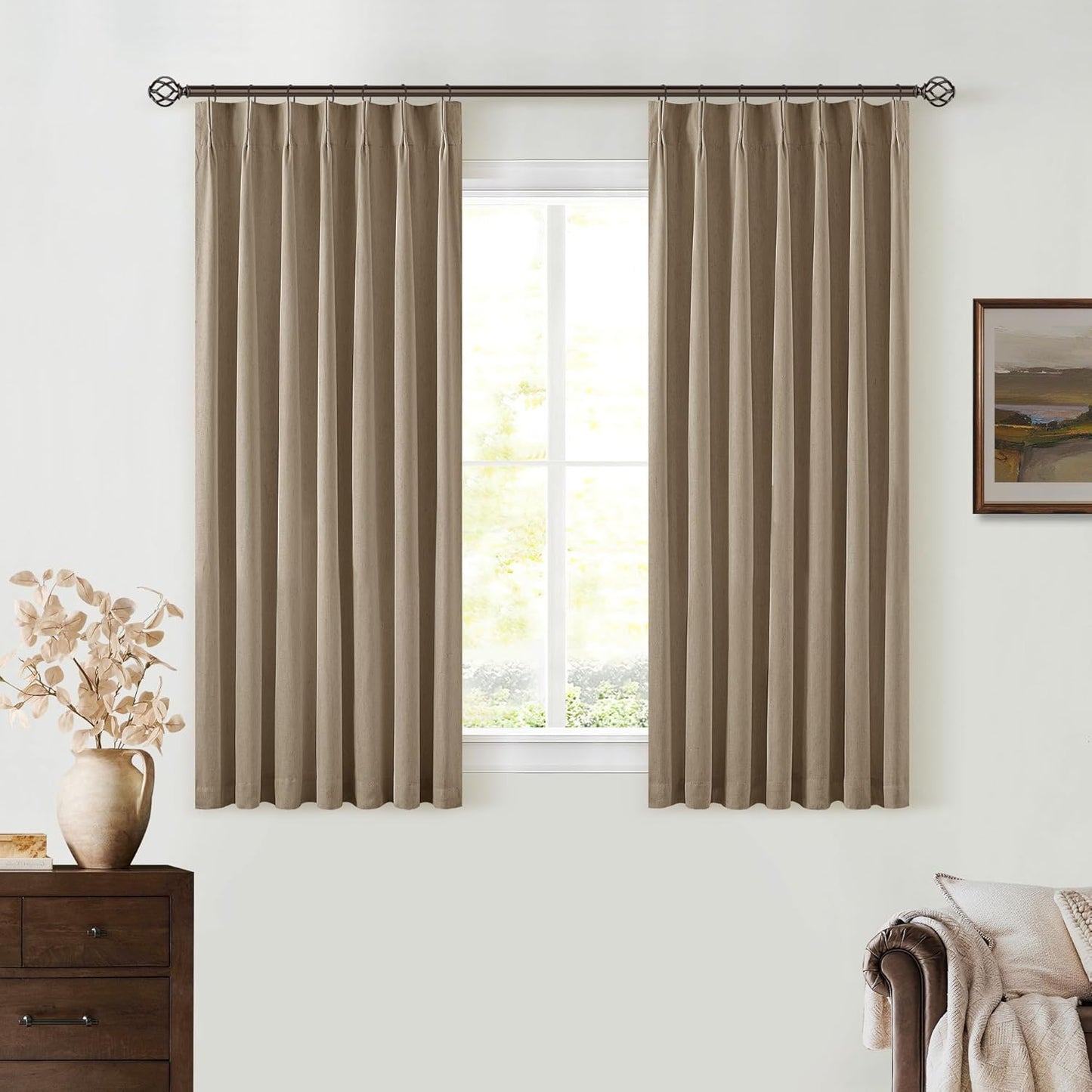Cream Short Linen Curtains for Small Window 2 Panel Set Kitchen Curtains 45 Inch Length Pinch Pleated Back Tab 100% Blackout Natural Linen Room Darkening Thermal Insulated Drapes for Cafe Bathroom
