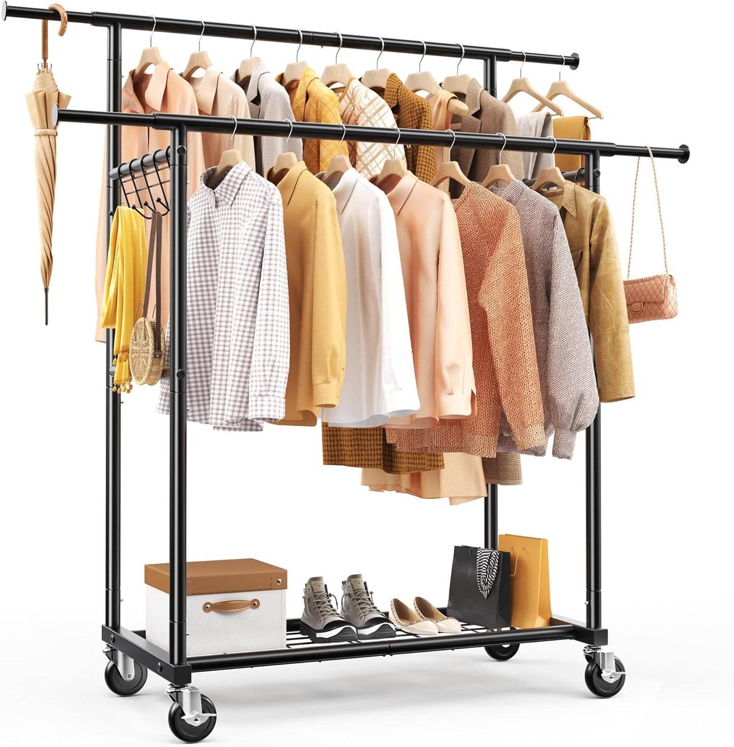 HOKEEPER Clothes Rack Heavy Duty Clothing Rack Load 650 LBS Collapsible Garment Rack with Wheels Double Rod Clothes Rack for Hanging Clothes Commercial Portable Closet Rack with Shelves 22"D*75"W*68"H