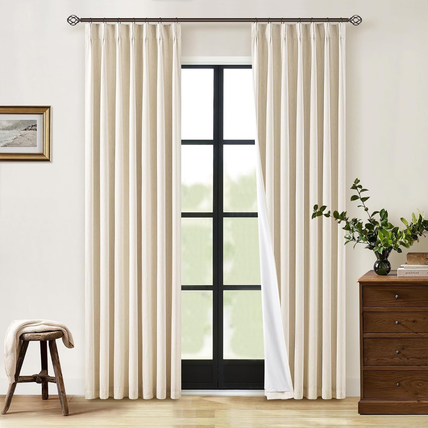 Cream Short Linen Curtains for Small Window 2 Panel Set Kitchen Curtains 45 Inch Length Pinch Pleated Back Tab 100% Blackout Natural Linen Room Darkening Thermal Insulated Drapes for Cafe Bathroom