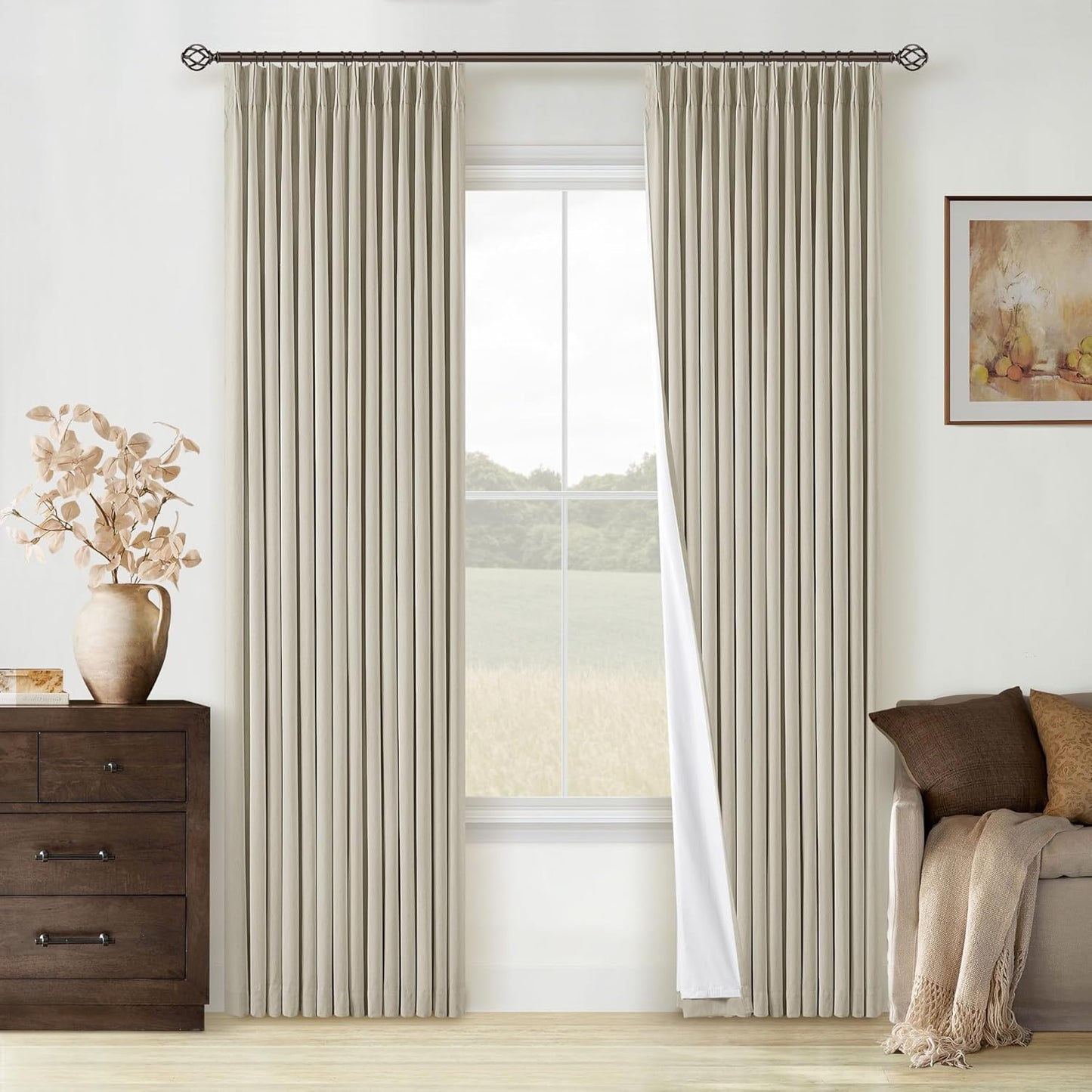 Cream Short Linen Curtains for Small Window 2 Panel Set Kitchen Curtains 45 Inch Length Pinch Pleated Back Tab 100% Blackout Natural Linen Room Darkening Thermal Insulated Drapes for Cafe Bathroom