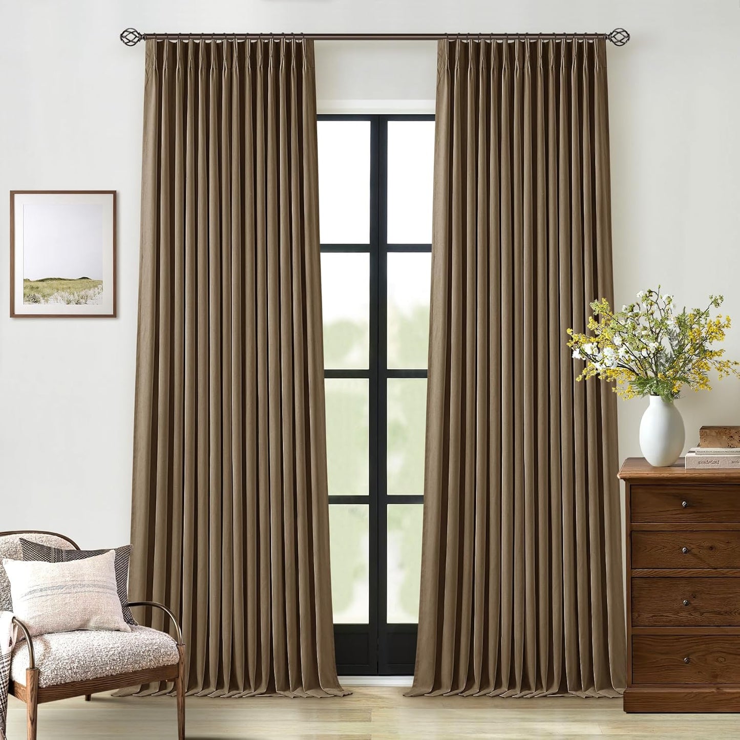 Cream Short Linen Curtains for Small Window 2 Panel Set Kitchen Curtains 45 Inch Length Pinch Pleated Back Tab 100% Blackout Natural Linen Room Darkening Thermal Insulated Drapes for Cafe Bathroom