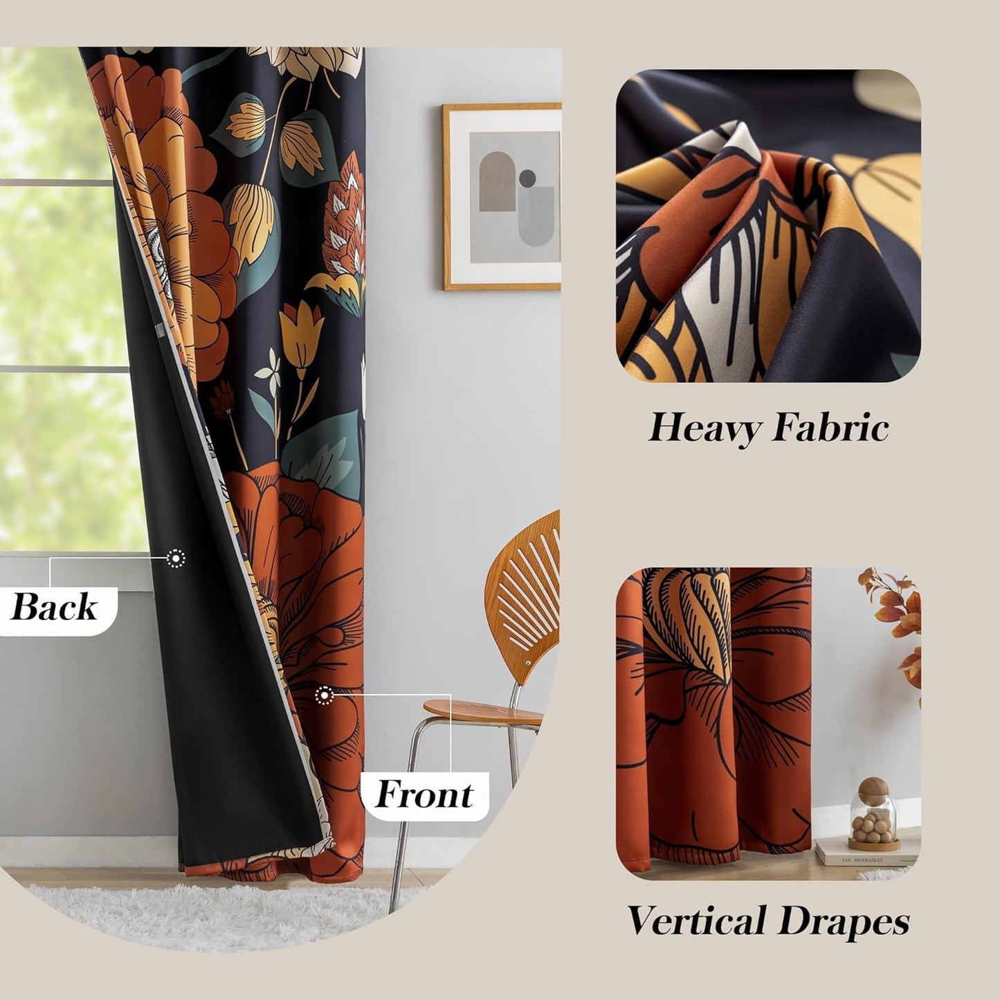 Black Boho Floral 100% Blackout Curtains for Bedroom 84 inch Long 2 Panels Mid Century Botanical Black Out Curtains for Living Room Grommet Thermal Insulated Room Darkening Window Drapes,52Wx84L